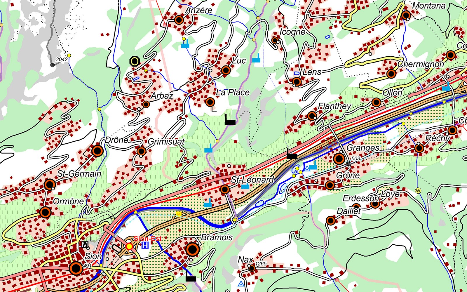 Das Bild zeigt das symbolisierte Landschaftsmodell swissTLMRegio im Gebiet Sion.