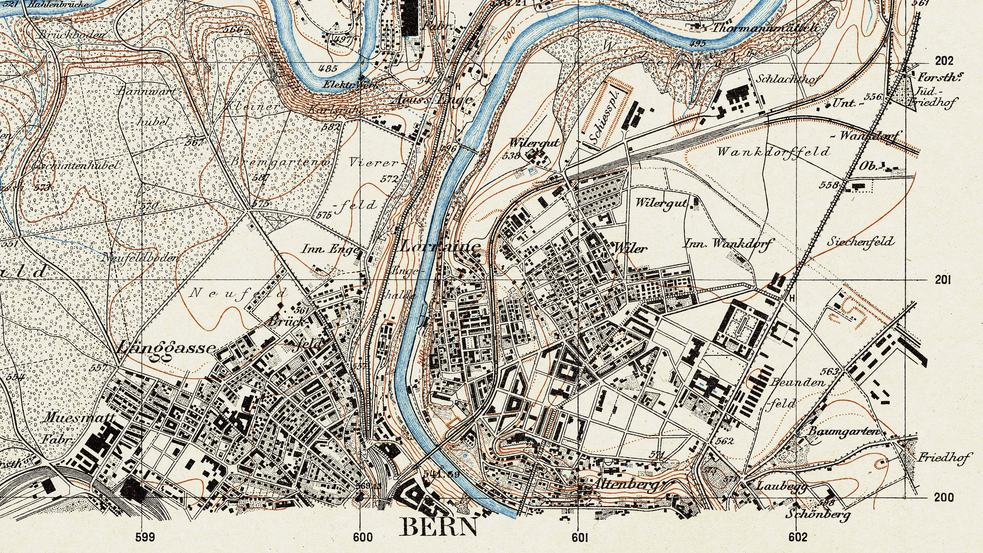 Das Bild zeigt einen Ausschnitt der Siegfriedkarte. Das regelmässige Kilometergitter ist in der Karte sichtbar und am Kartenrand nummeriert. Die Linien 600 Kilometer und 200 Kilometer kreuzen sich exakt bei der Alten Sternwarte Bern.