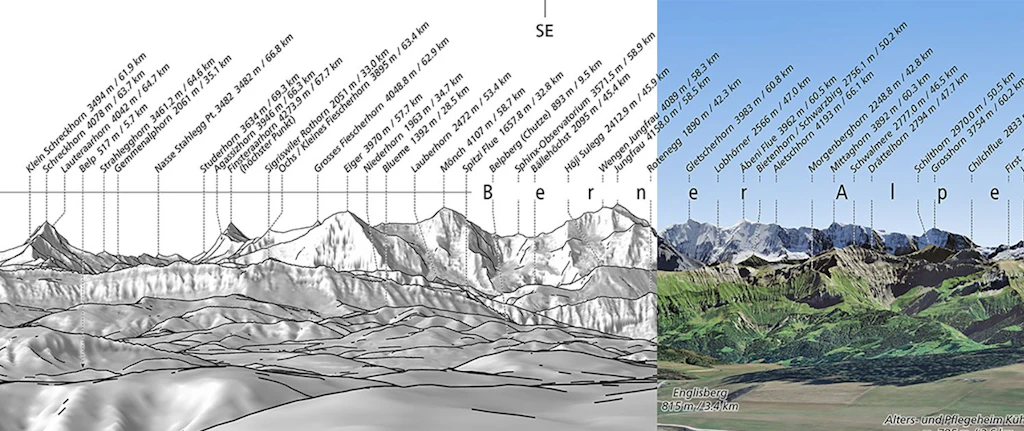 Die angefertigte Collage zeigt zwei Produktvarianten eines DIGIRAMA Deluxe. Links als Graustufenabbildung und rechts mit einem Orthofoto überlagertes Panoramabild.