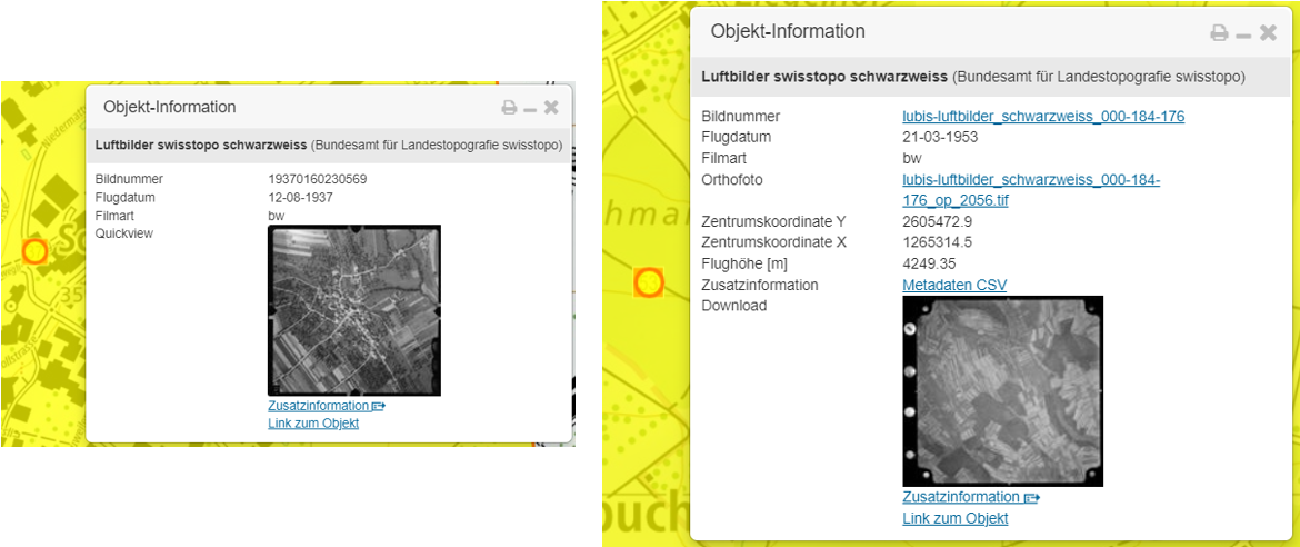 Vergleich von Objektinformationen zwischen Luftbildern, die noch nicht im freien Zugang sind, und solchen, die bereits zum Download bereitstehen