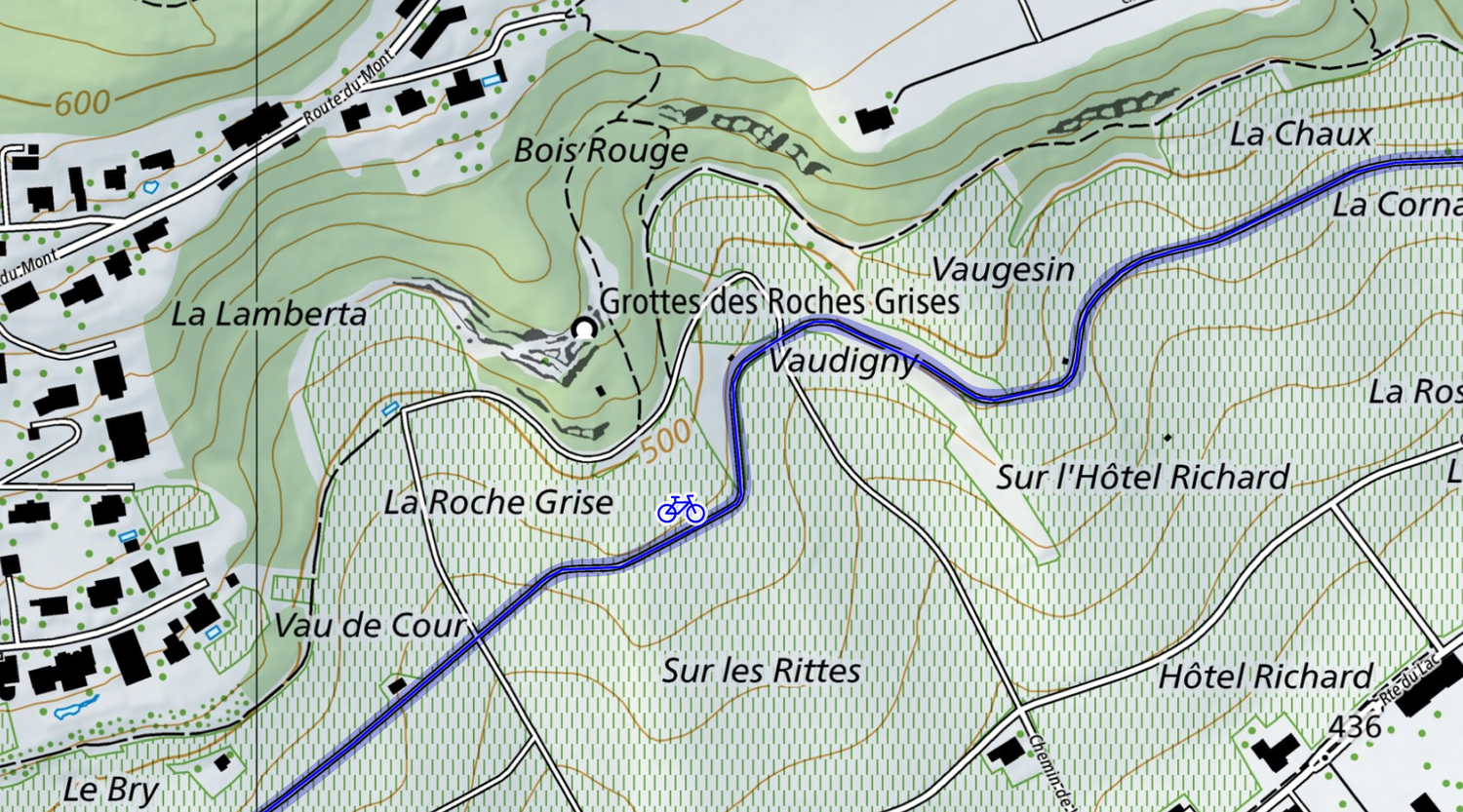 Kartenausschnitt Fahrradtour und Höhenkurven