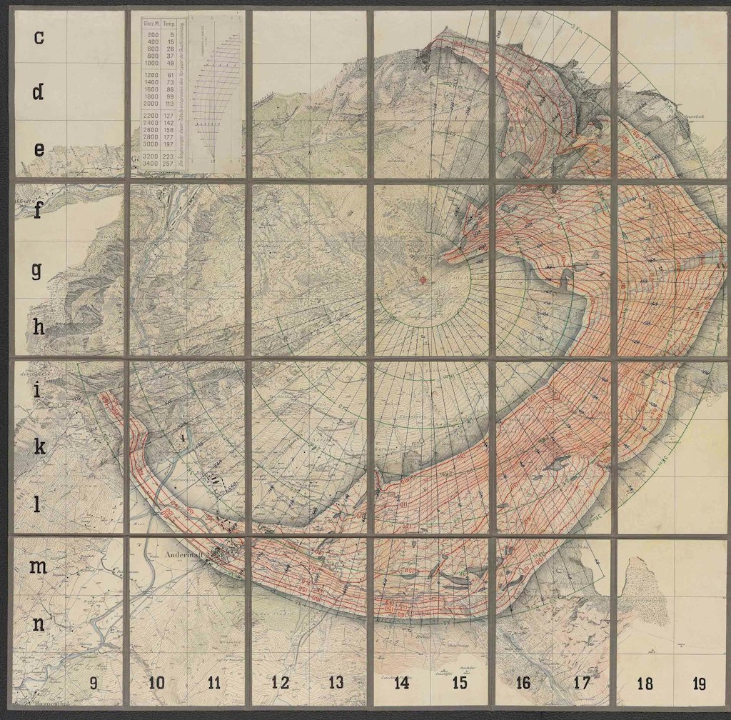 Schiesskarte für eine 12 cm-Haubitze des Fort Stöckli im Gotthardgebiet, ca. 1915. Im Zentrum der Darstellung liegt die mit einem kleinen roten Kreis markierte Haubitzenstellung, der beschiessbare Raum ist mit den roten Linien gekennzeichnet.