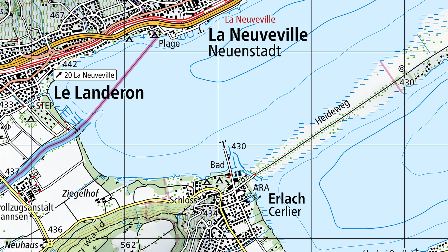 Endonyme (La Neuveville, Erlach) und Exonyme (Neuenstadt, Cerlier) in der Landeskarte 1:50'000.