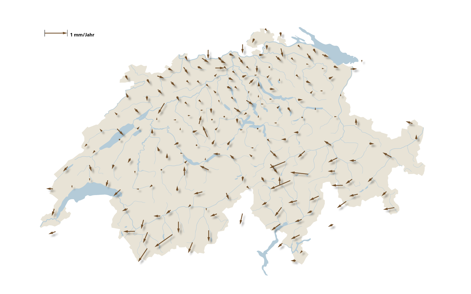 Je länger die Pfeile, desto grösser sind die Verschiebungen.