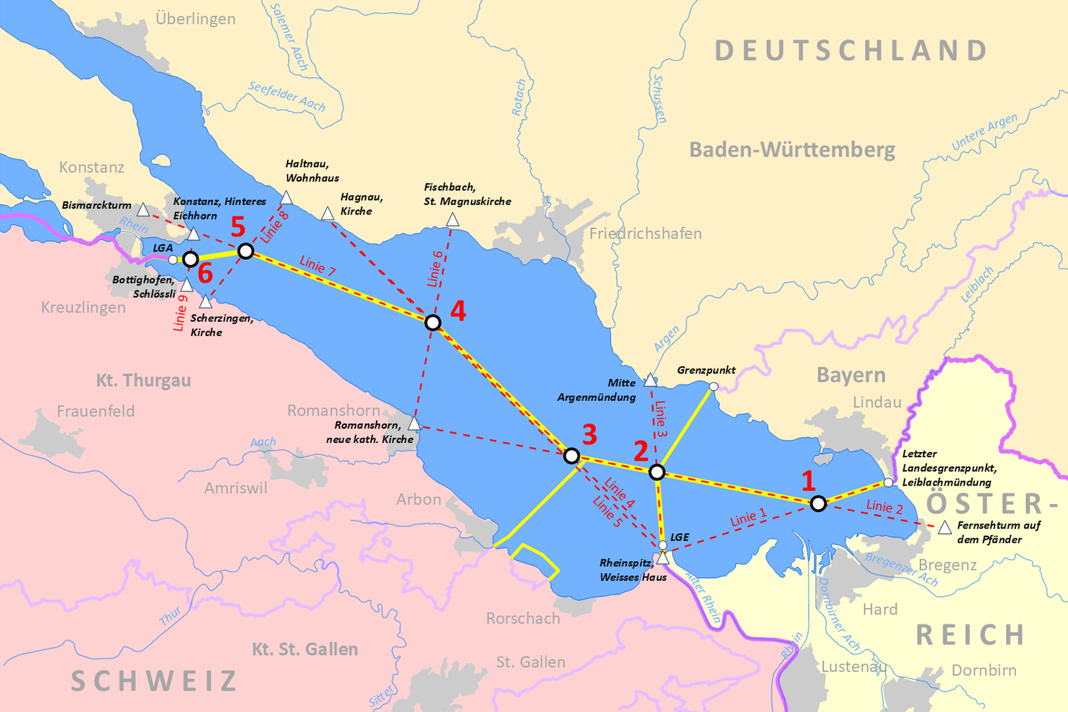 Übersichtskarte, welche den Verlauf der technischen Grenze im Bodensee darstellt, zusammen mit den Konstruktionslinien.