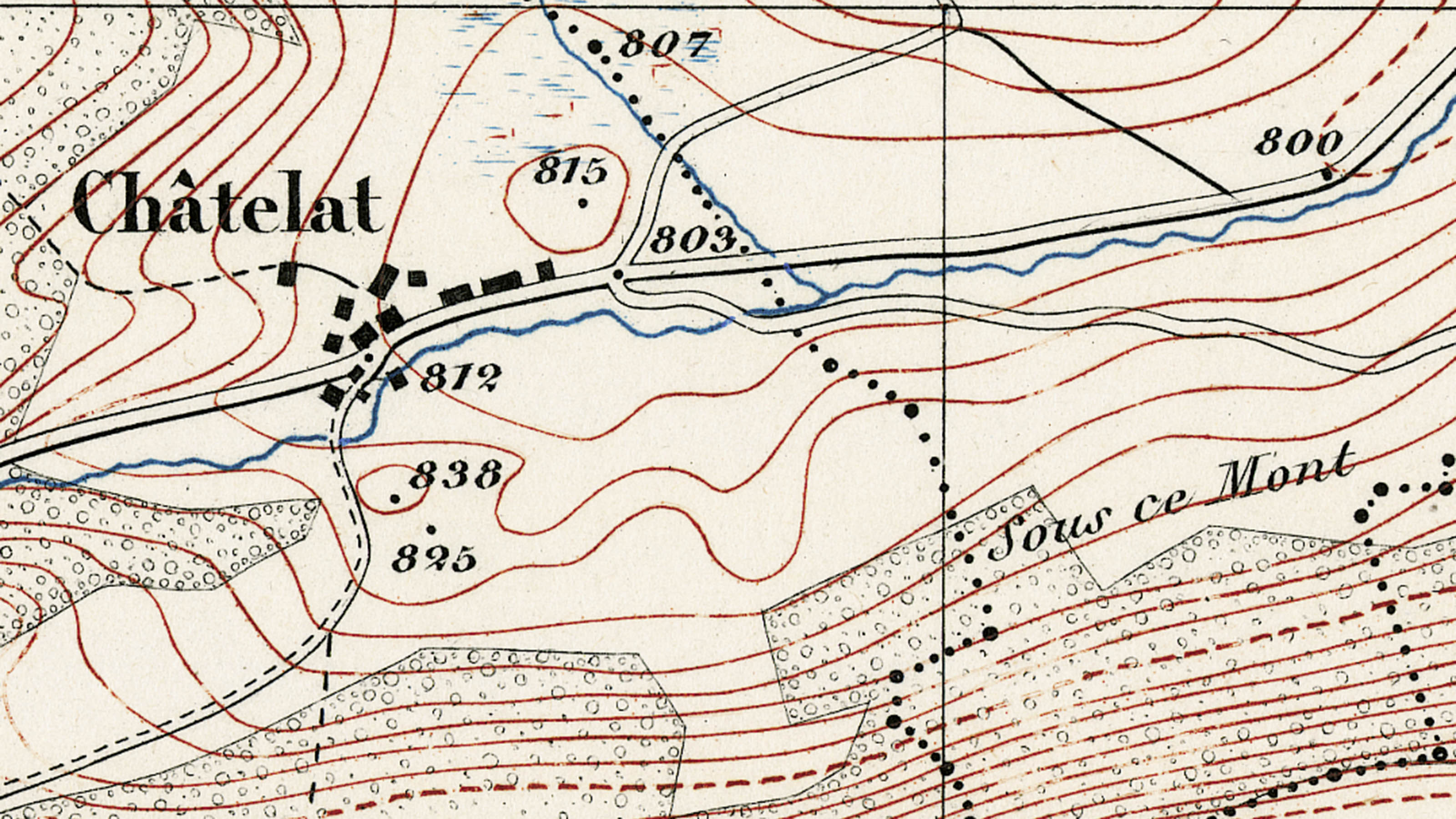 Ausschnitt der Siegfriedkarte aus dem Jahr 1871 in der Umgebung von Châtelat.