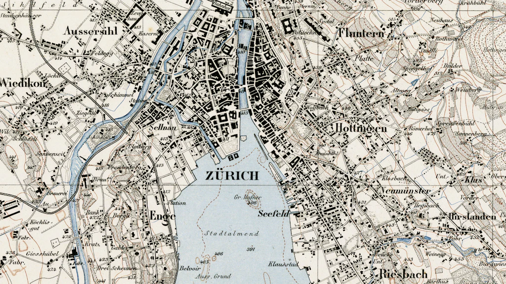 Ausschnitt aus der Siegfriedkarte im Raum Zürich. Die Karte ist mehrfarbig. Zu sehen sind das Stadtzentrum und der See. Der Ausschnitt auf Blatt 161 der ersten Ausgabe der Siegfriedkarte 1:25 000 stammt aus dem Jahr 1881.