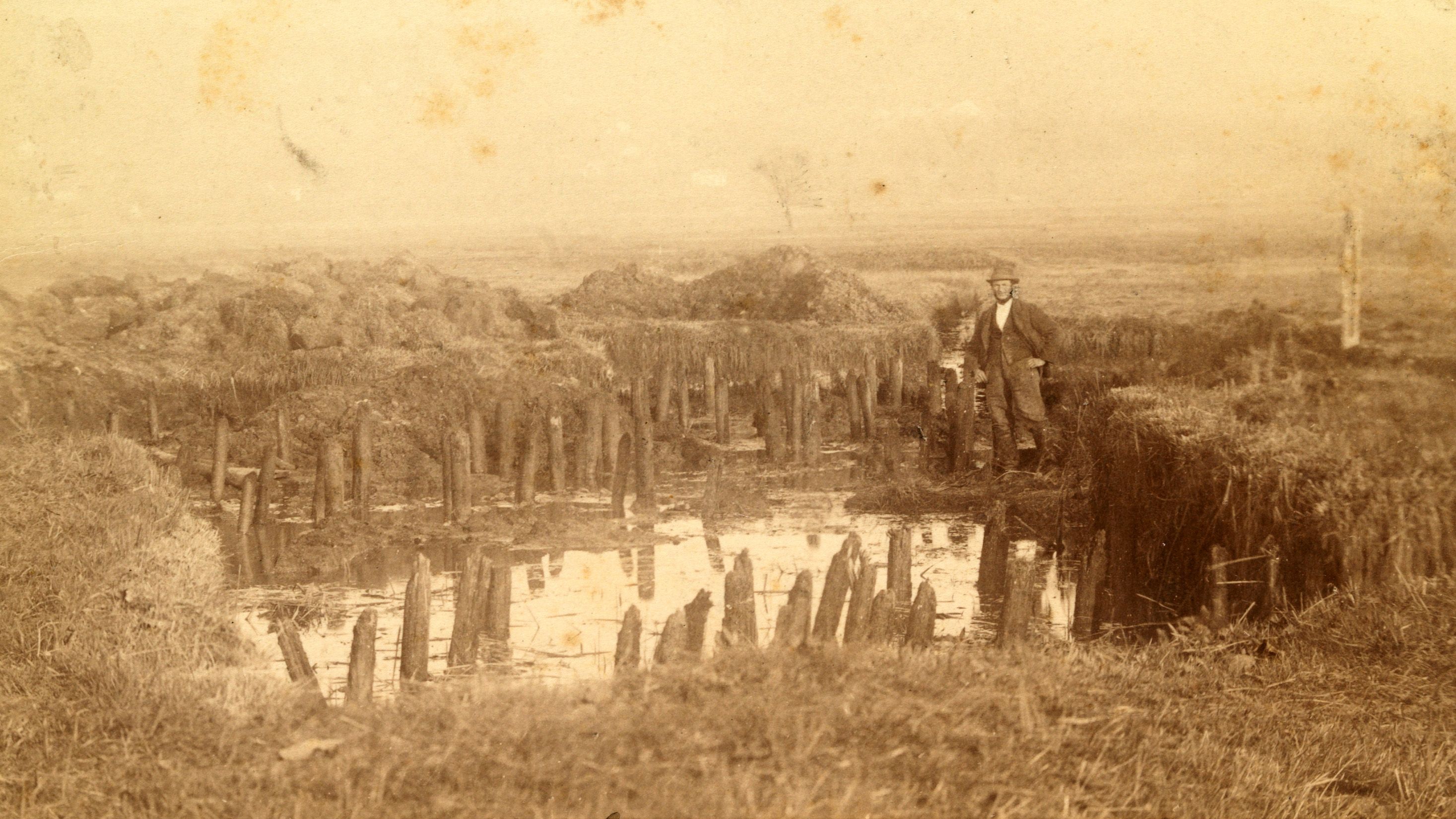 Pfahlbauforscher Jakob Messikommer im Forschungsgebiet Pfahlbauten Robenhausen-Wetzikon, ca. 1865