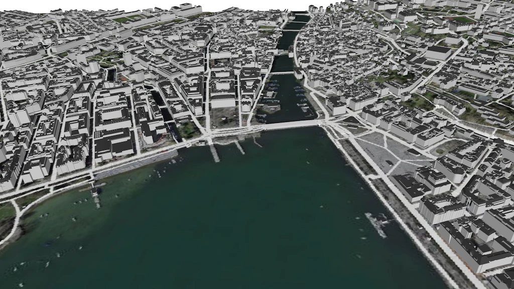 Die Abbildung zeigt Daten des minimalen Datenpakets eines Ausschnitts der Stadt Zürich, wobei das Terrain mit einem Orthofoto und eingebrannten Verkehrsachsen texturiert wurde und die Gebäude mit einer hellgrauen Fassade und dunkelgrauen Dächern eingefärbt wurden.