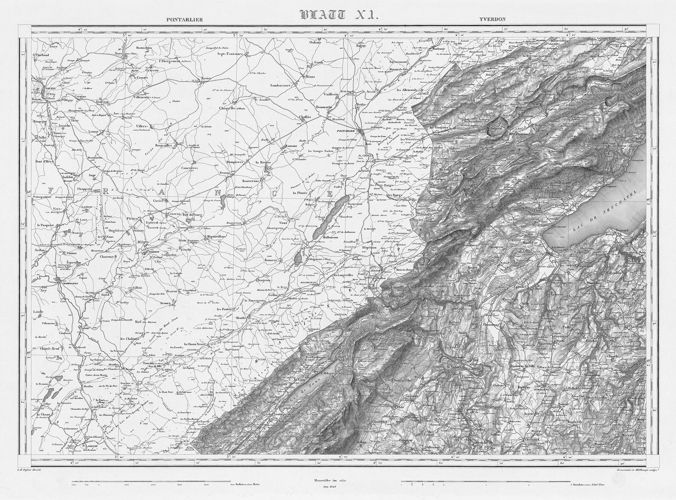 Blatt 11 der Dufourkarte. Es zeigt den heutigen Kanton Jura und angrenzendes Ausland sowie weitere Gebiete in schwarzweiss.