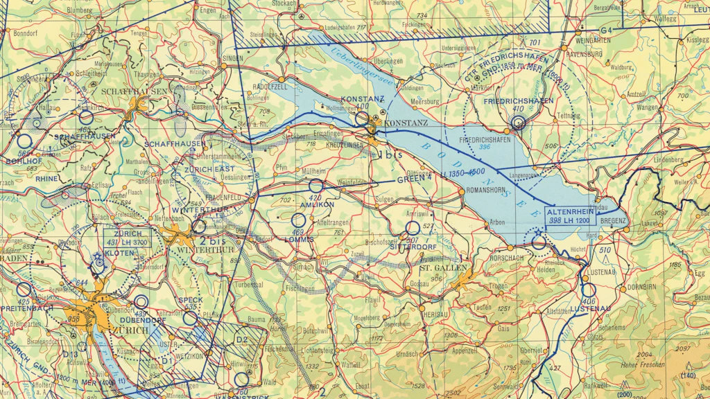 Ausschnitt ICAO-Karte von 1964 mit Tiefflugrouten 