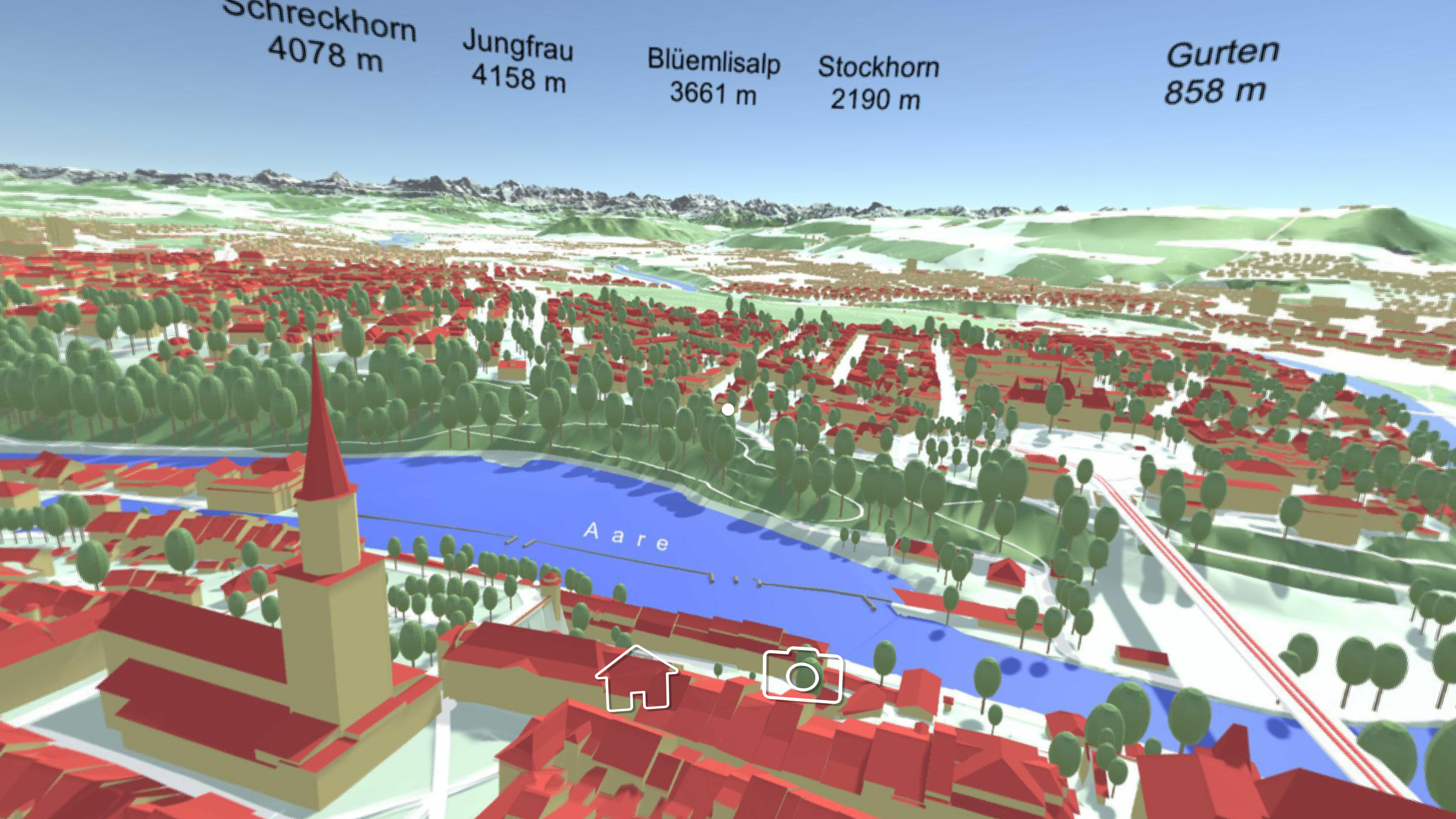 Ausschnitt Bern aus der Vogelperspektive mit dem Berner Münster der Aare und der Kirchenfeldbrücke. Im Hintergrund die Berner Alpen und der Gurten - dargestellt mit Daten der Produkte swissBUILDINGS3D 2.0, swissTLM3D, swissALTI3D und swissNAMES3D