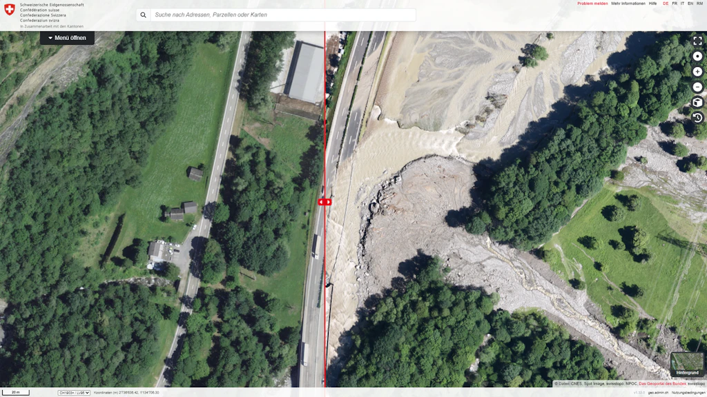 Printscreen Geodatenportal des Bundes zum Ereignis Misox 2024: Vergleich vor und nach dem Ereignis