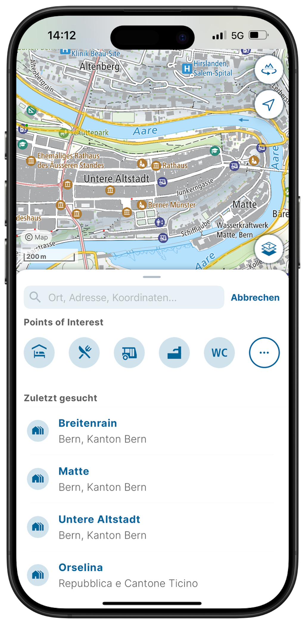 Screenshot der swisstopo-App mit der Such-Historie