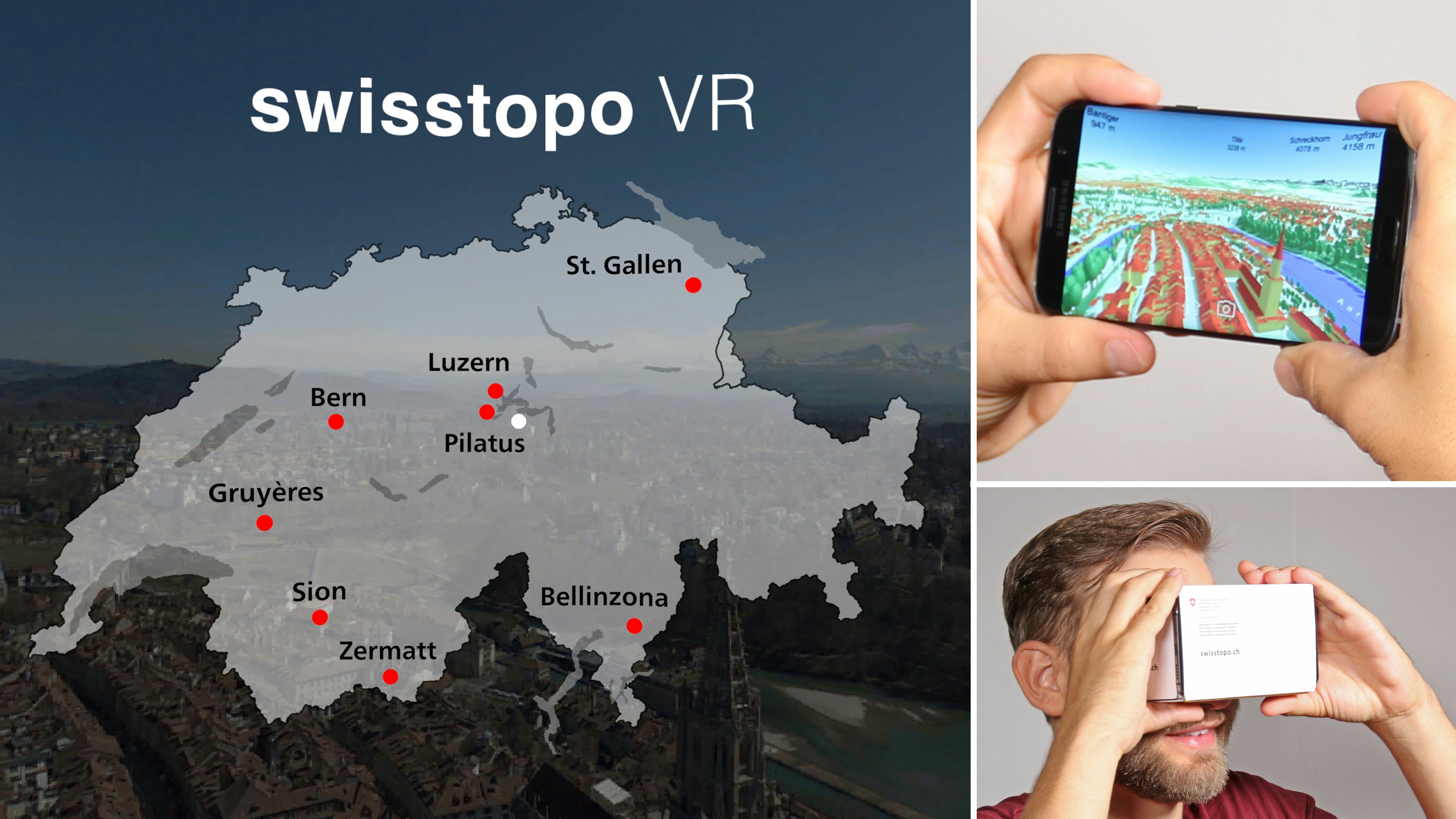 Bildausschnitt der App mit den acht Szenen zum auswählen: Bellinzona; Bern; Gruyères; Luzern; Pilatus; Sion; St. Gallen und Zermatt