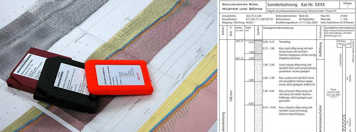 Beispiele von seismischen Daten (links) und Bohrdaten (rechts)