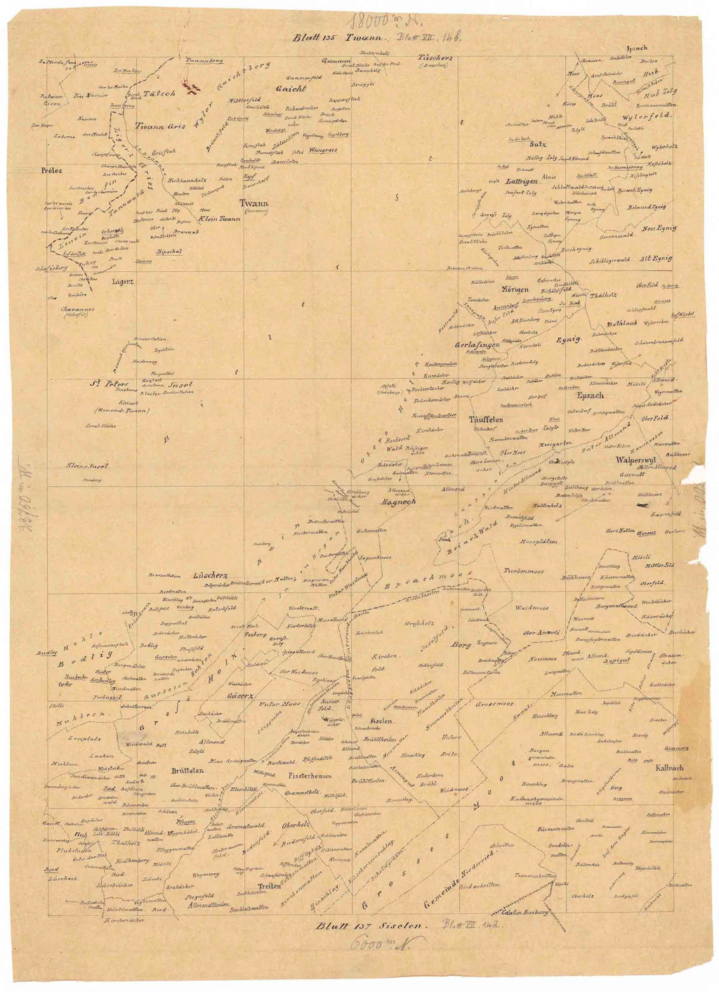 Transparentpapier mit zahlreichen geografischen Namen.