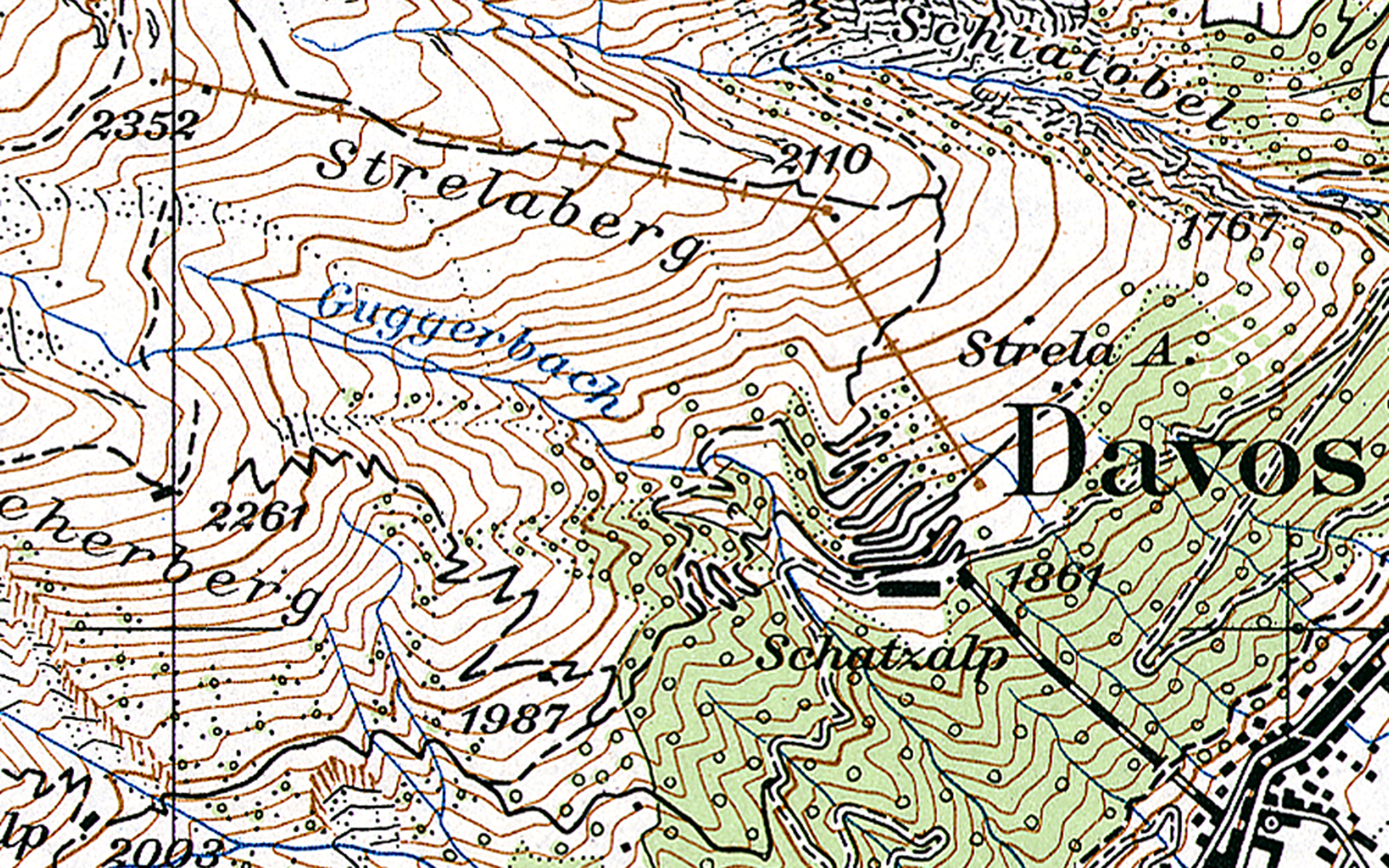 Landeskarte aus dem Jahr 1950. Davos mit eingetragenem Skilift.