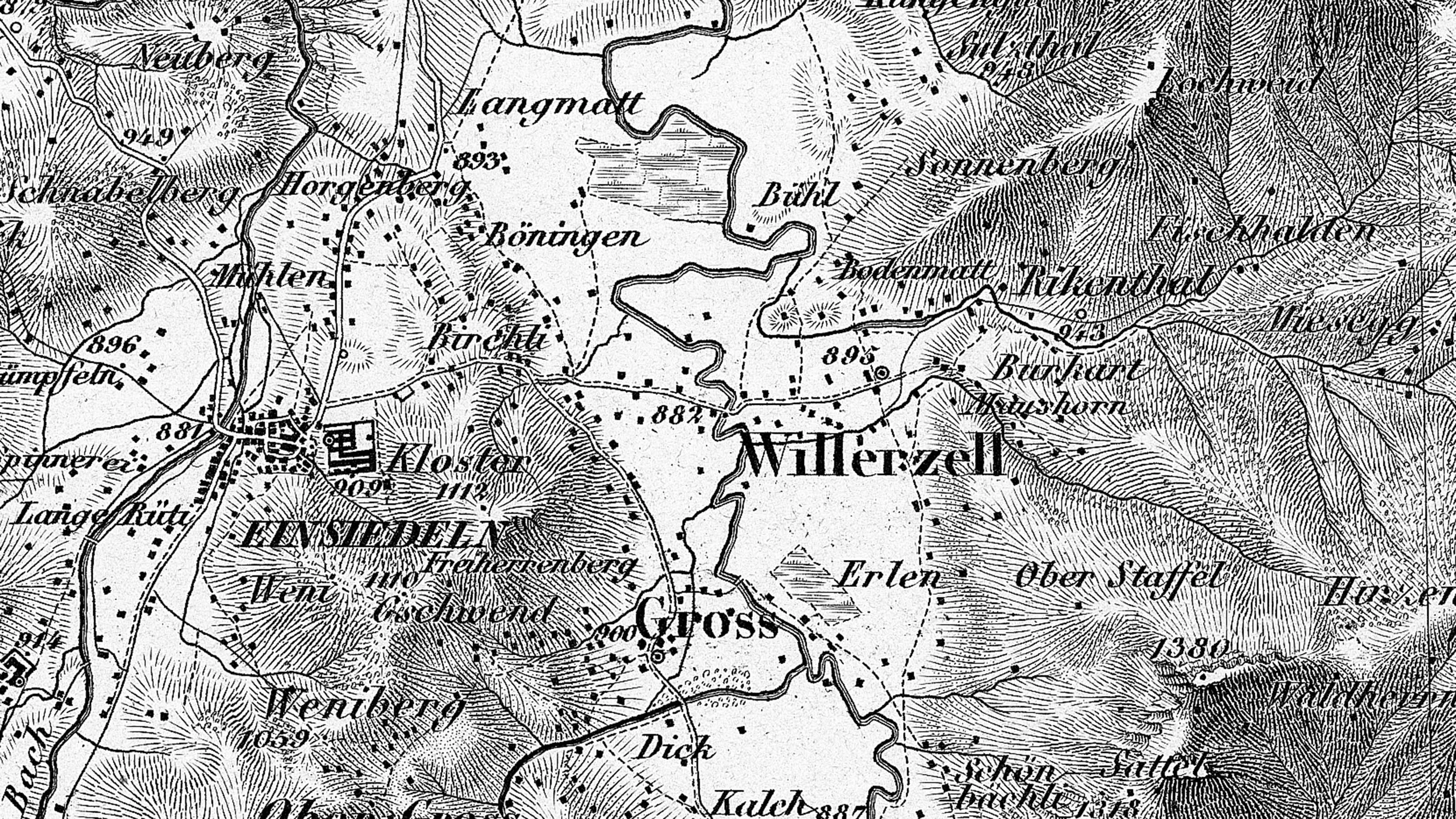 Ausschnitt der Dufourkarte, Blatt 9, von 1854. Der Ausschnitt zeigt Einsiedeln knapp 80 Jahre vor der Aufstauung des Sihlsees 1937.