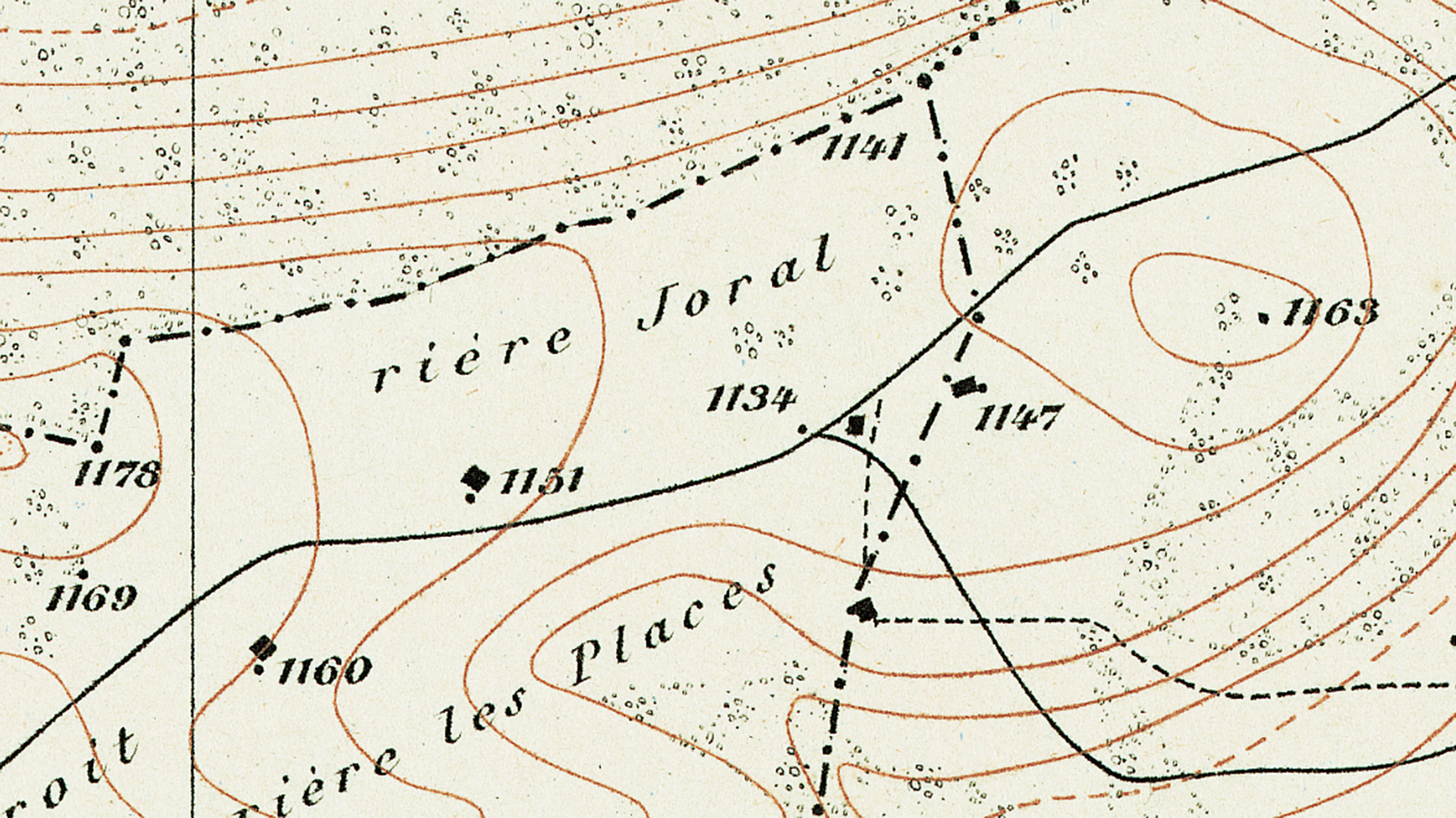 Ausschnitt aus der Siegfriedkarte von 1877. Ein Flurname ist als "rière Joral" eingetragen.