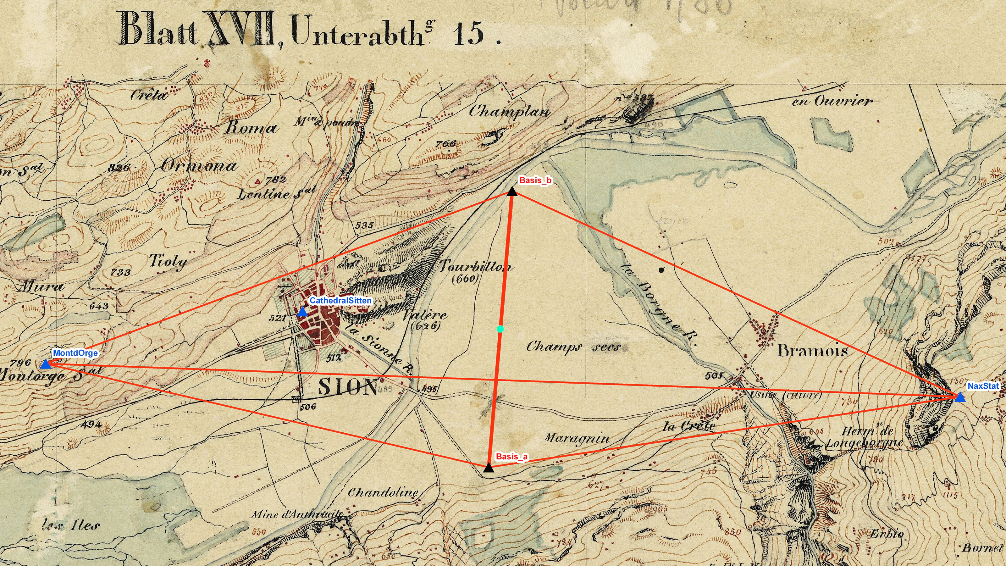 Die Basis von Sion aus dem Jahr 1831 und ihre Übertragung auf die benachbarten Triangulationspunkte Mont d’Orge – Nax im Jahr 1831.