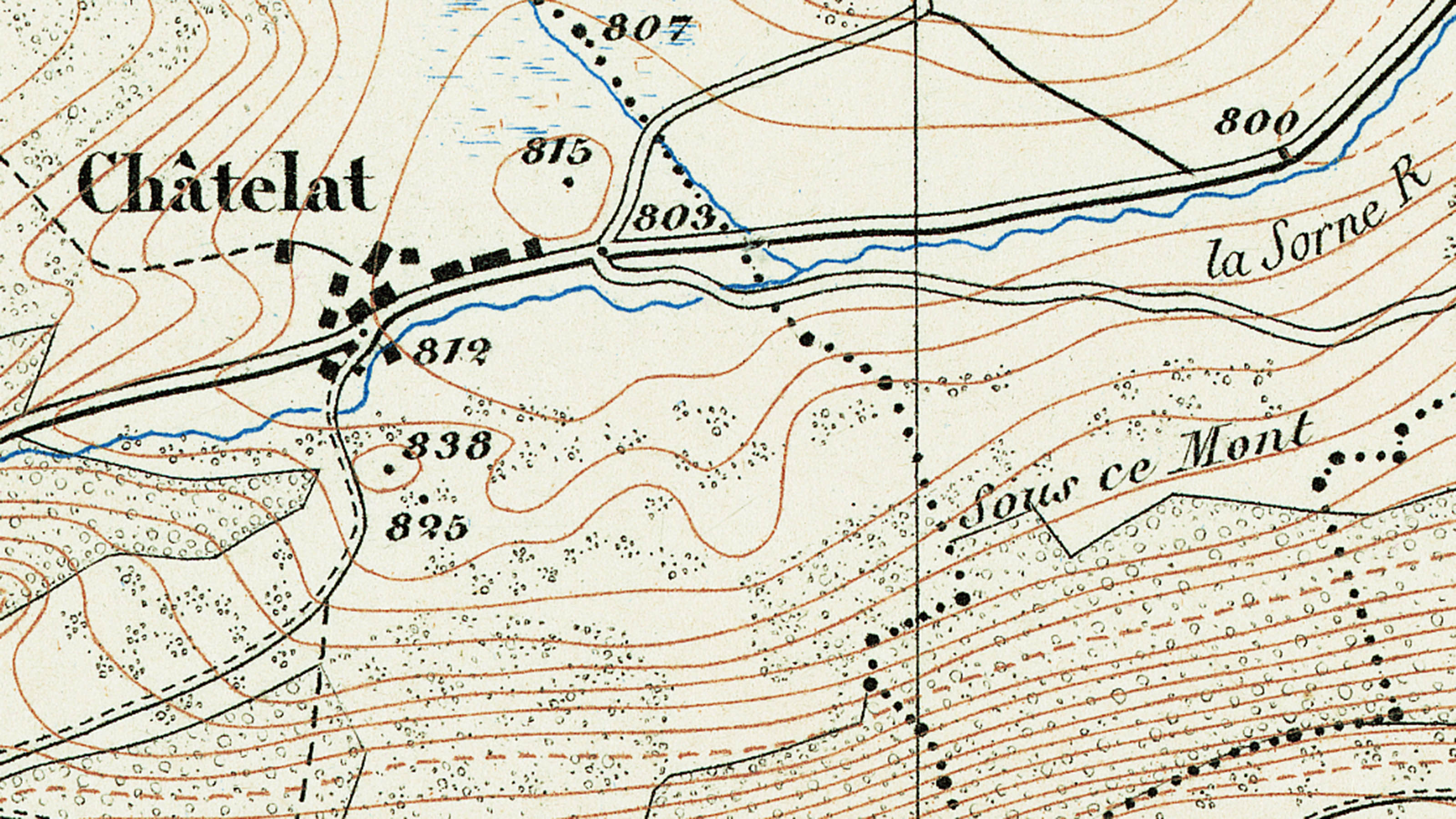 Ausschnitt der Siegfriedkarte aus dem Jahr 1877 in der Umgebung von Châtelat.