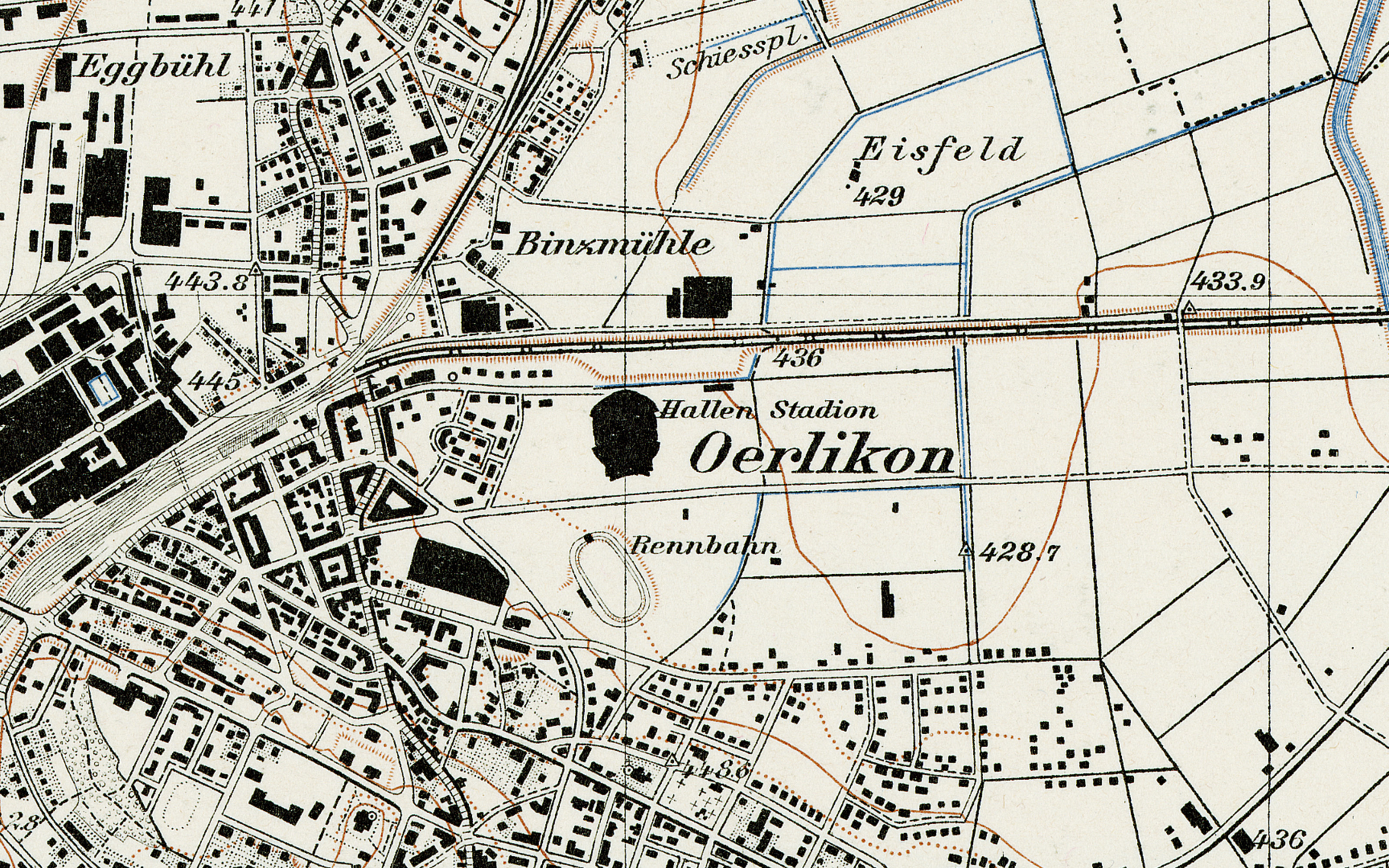 Ausschnitt der Siegfriedkarte mit vermerktem "Sportplatz" und "Hallen Stadion" bei Oerlikon.