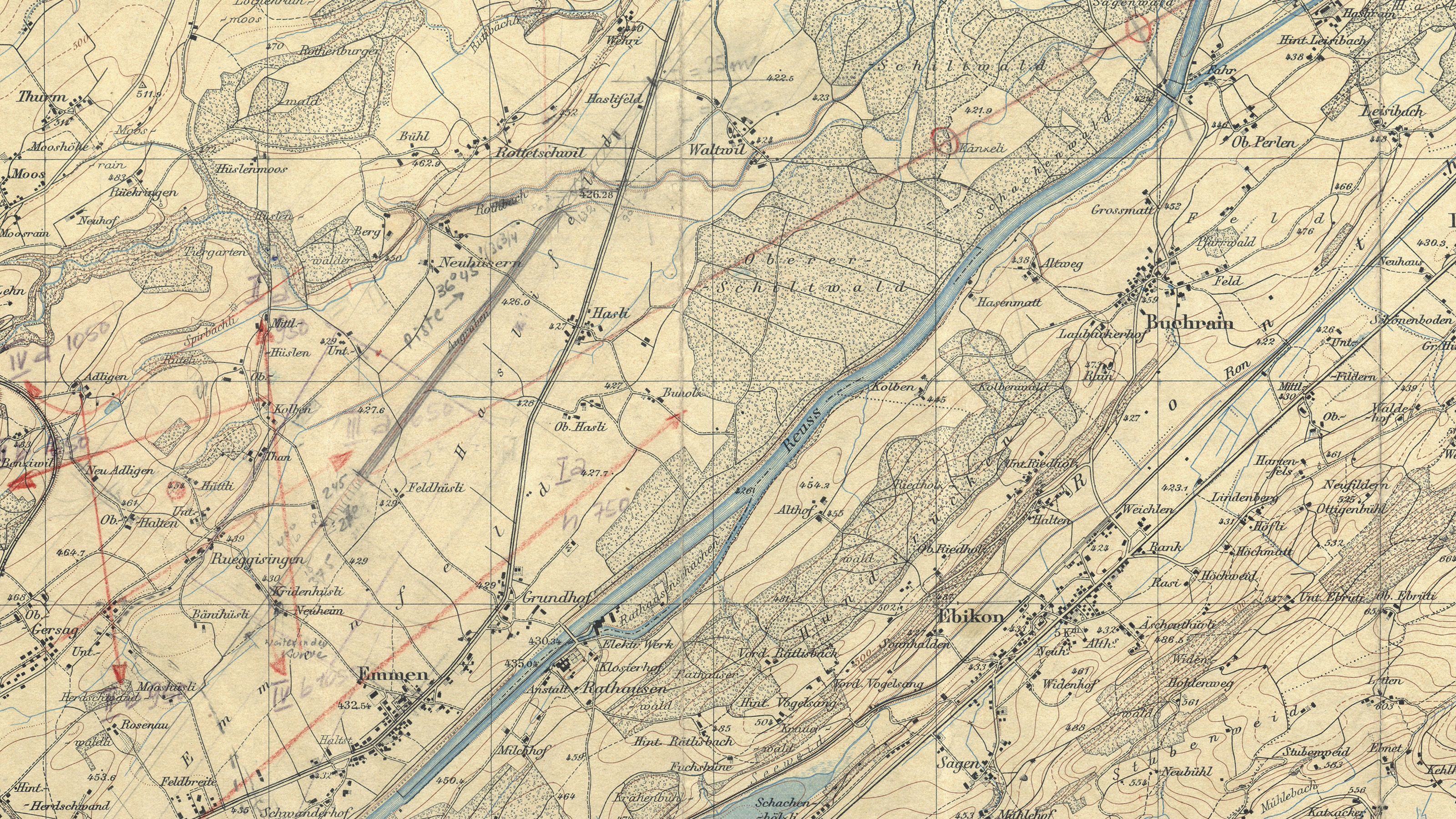 Ausschnitt der Siegfriedkarte von 1947. Die langgezogenen Pfeile entlang der Reuss und ab dem Flugfeld oben rechts zeigen die Flugrichtung Nordwest auf. Auf der linken Hälfte des Bildes sind der Waffenplatz Emmen und Flugrouten eingezeichnet.