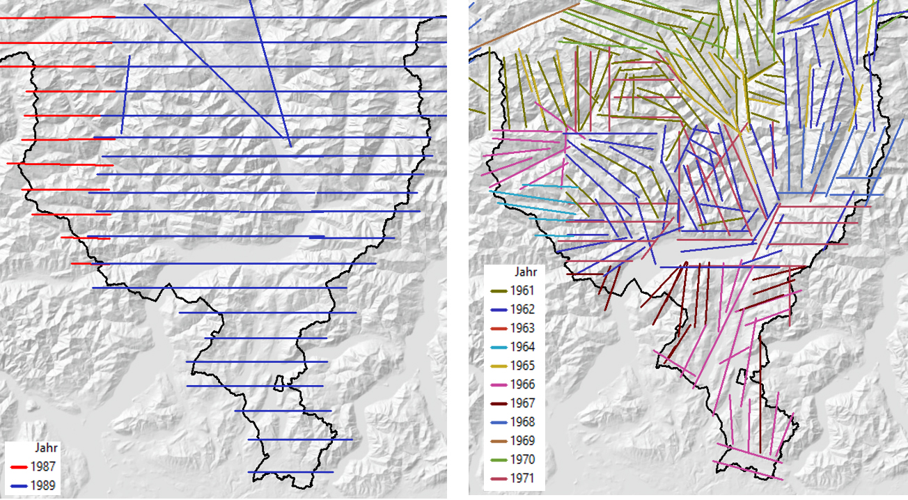 Karten des Tessins mit Fluglinien aus den 1960er Jahren und von Ende der 1980er Jahre zeigen im Vergleich, dass die Befliegungen in den 1980er Jahren weitaus systematischer und flächendeckender stattfanden. In den 1960er Jahren musste noch den Tälern entlang geflogen werden.