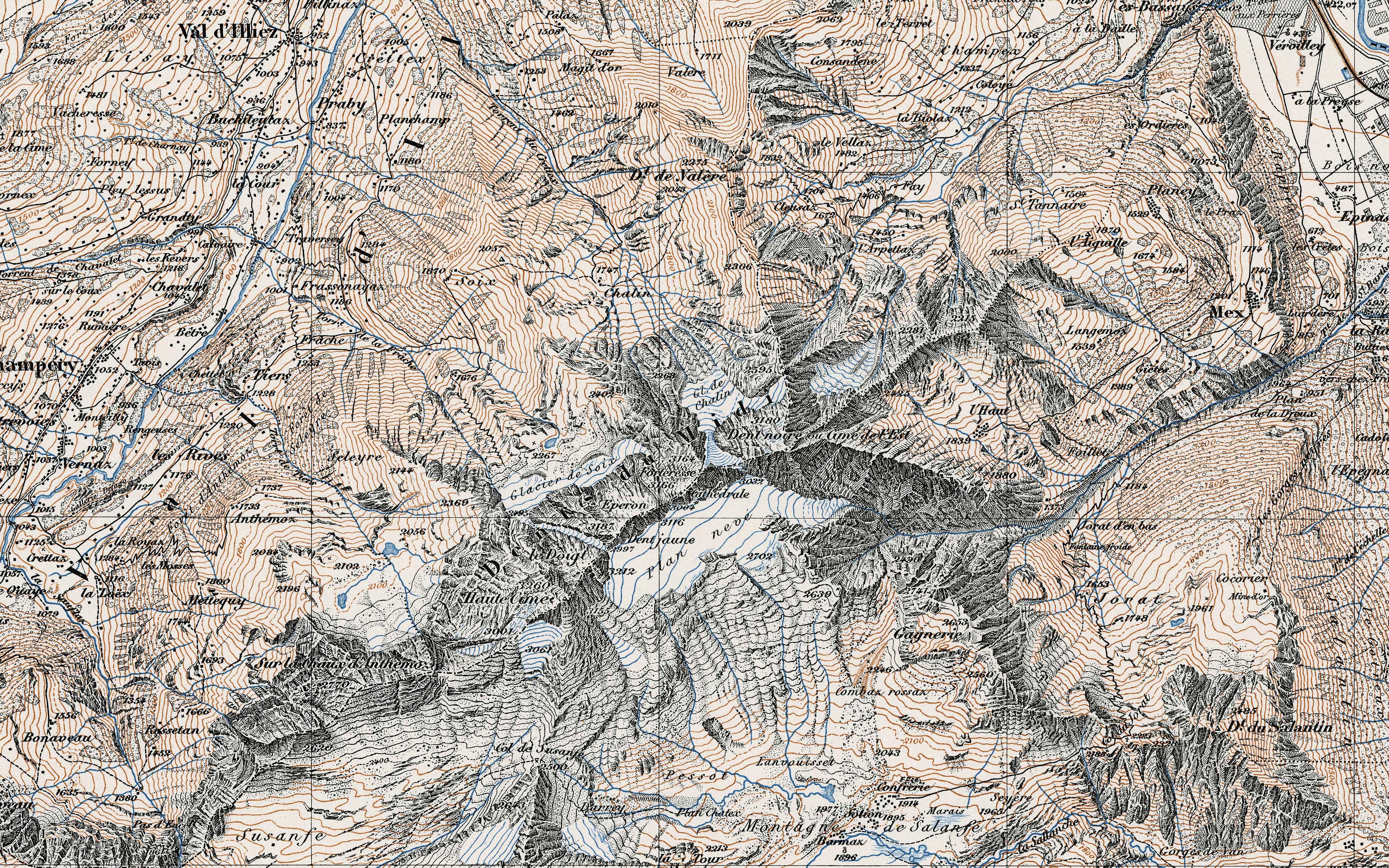 Ausschnitt der Siegfriedkarte, der die Beleuchtung von Nordhängen und die schattige Darstellung von Südhängen zeigt.