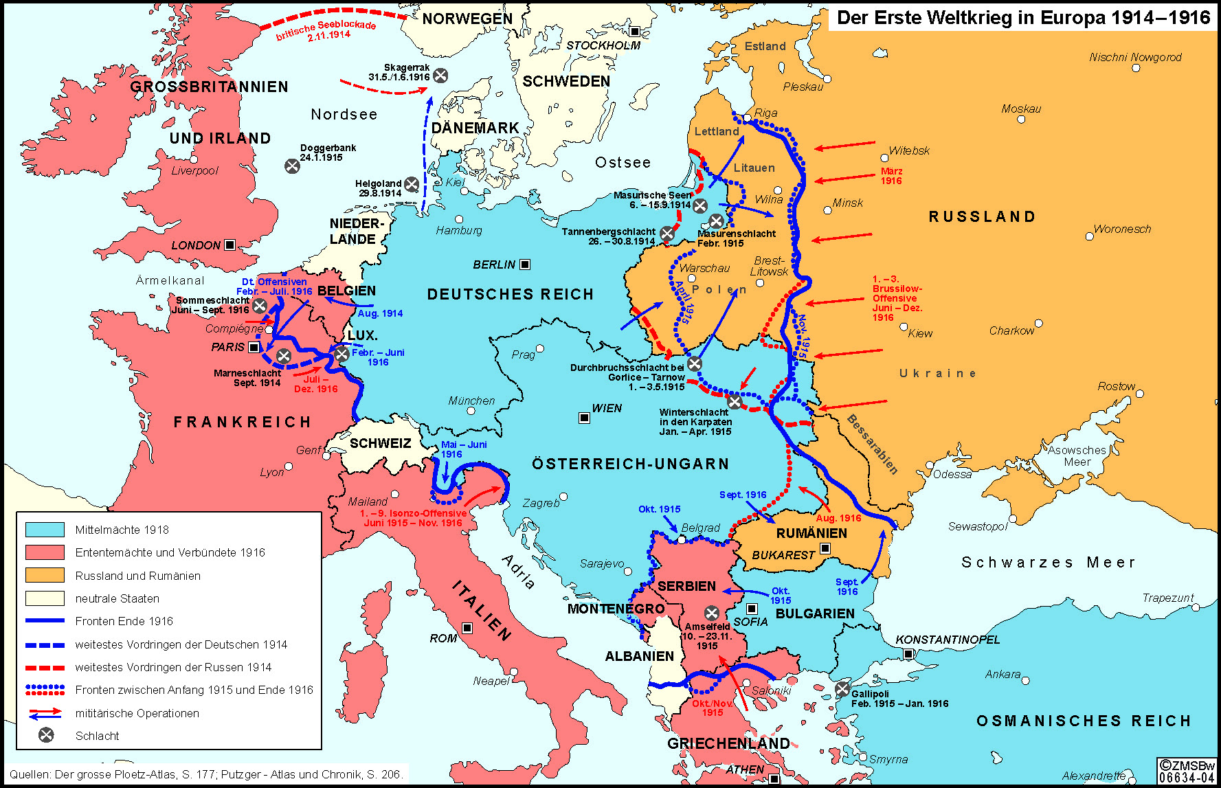 Karte des Ersten Weltkriegs und der Bündnisverhältnisse. Die Schweiz ist von Mittelmächten und Entente umgeben.