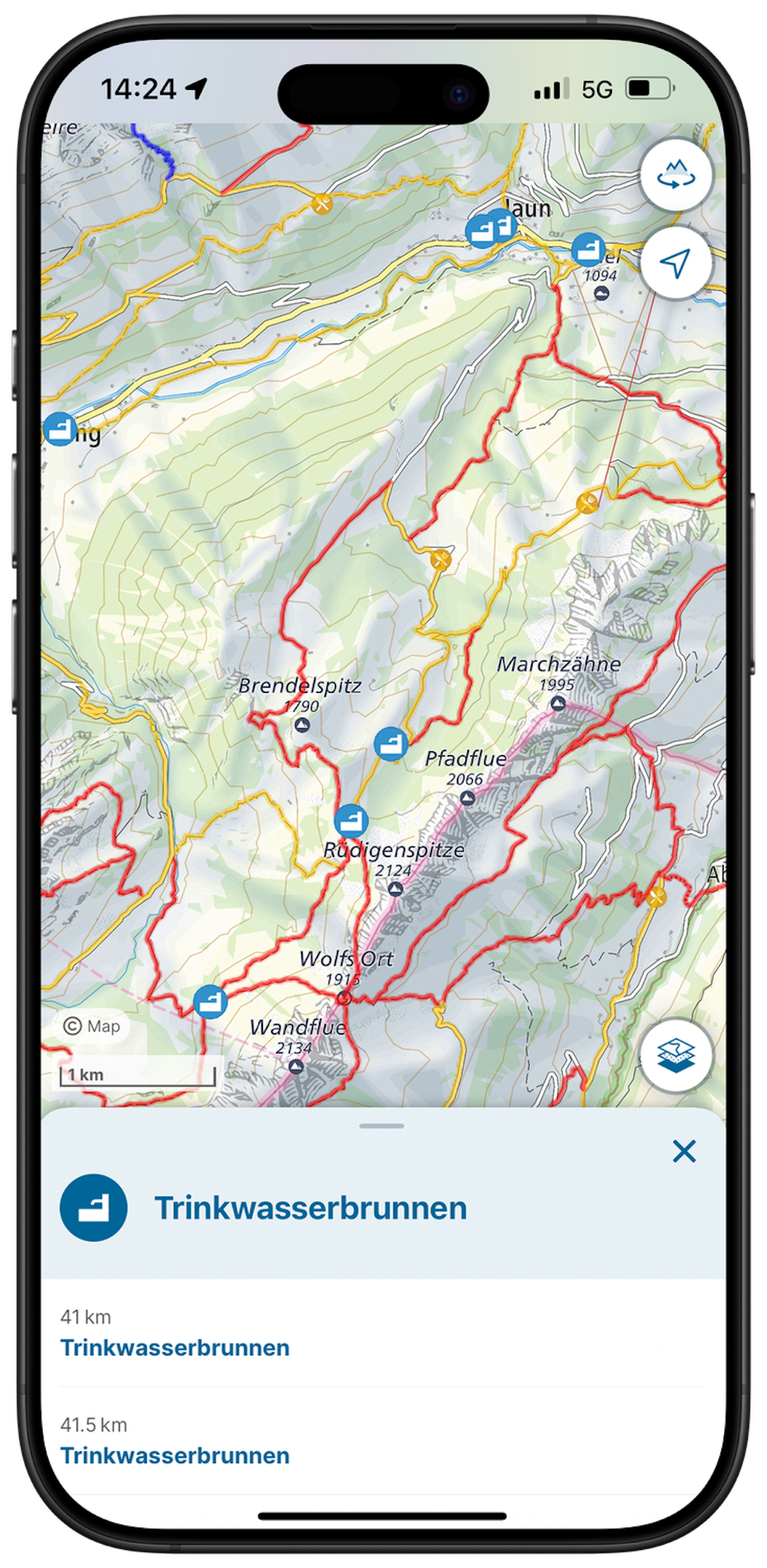 Screenshot der swisstopo-App POI-Suche