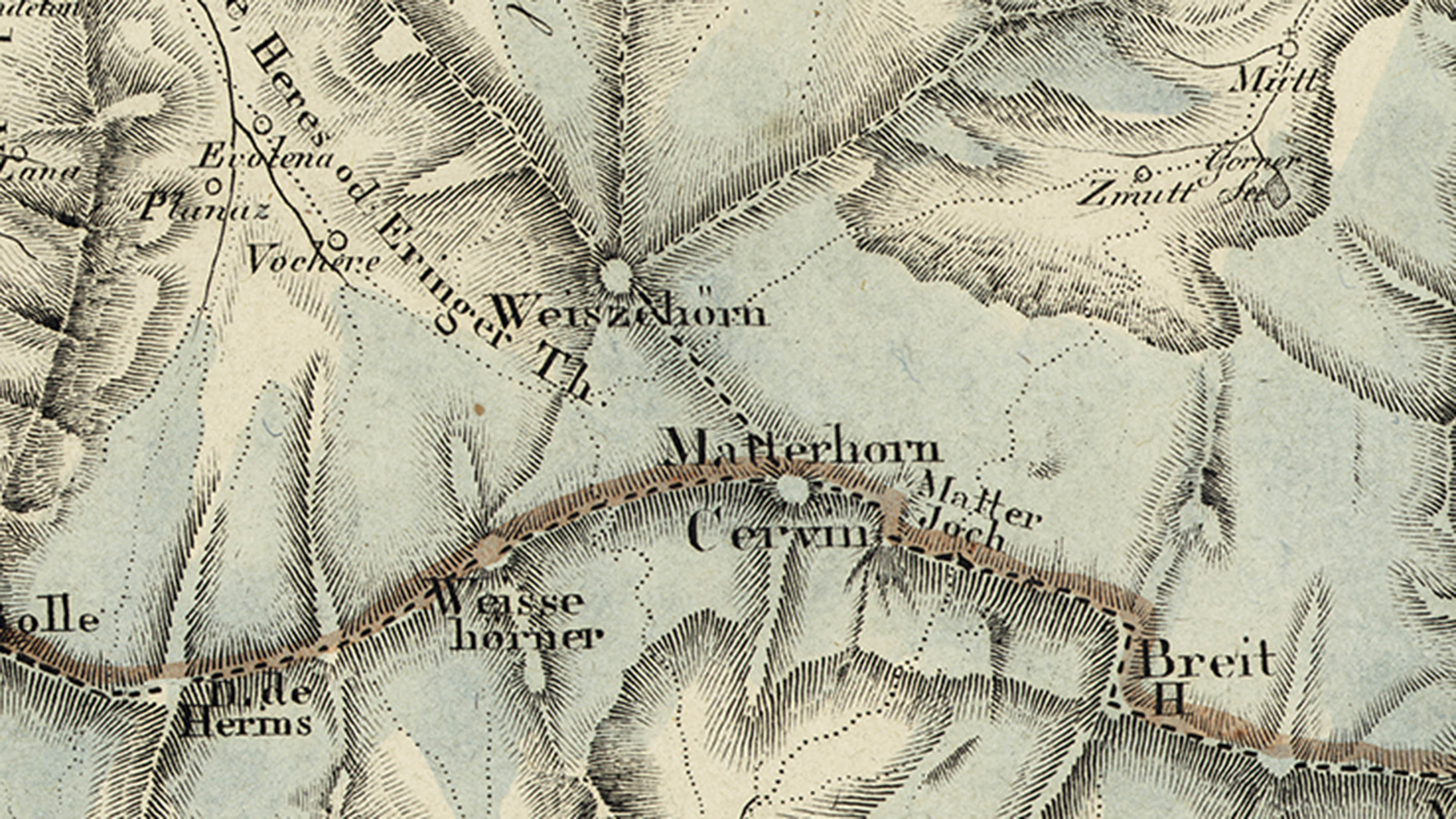 Handgezeichnete Karte aus dem frühen 19. Jahrhundert. Neben dem Matterhorn ist der Bergname Weiszehörn zu sehen.