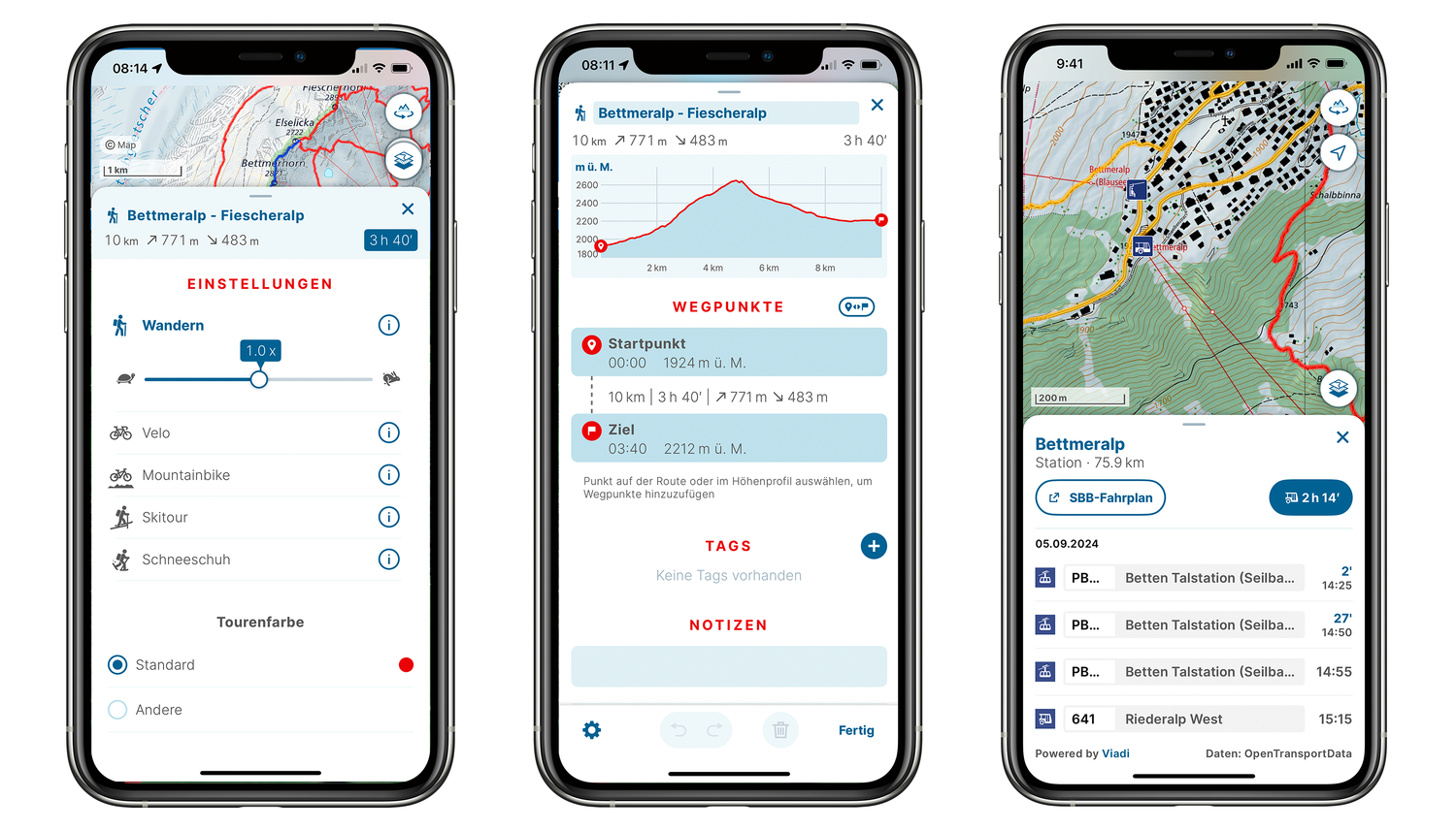 Screens swisstopo-App zur Tourenplanung