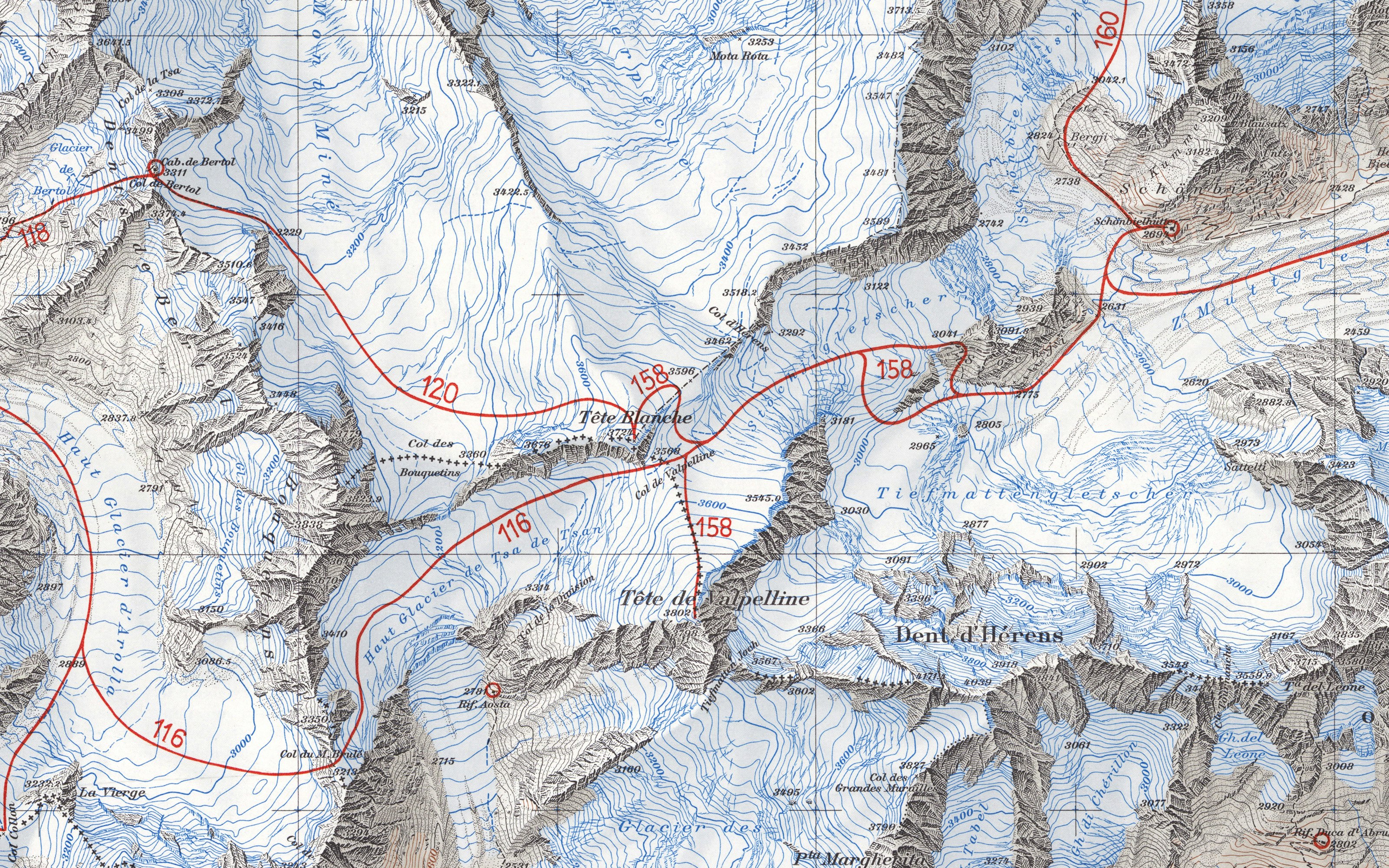 Ausschnitt der Skitourenkarte Arolla 1950. Die Skirouten sind mit roten Linien eingetragen und mit Nummern versehen.