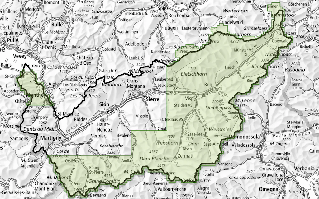 Das Bild zeigt die durch swissSURFACE3D abgedeckten Gebiete innerhalb des Kanton Wallis, mit dem Stand vom14.04.2023