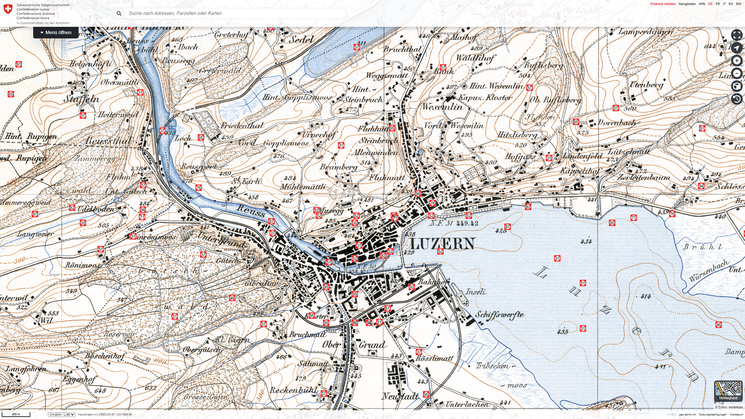 Historische Karte von Luzern. Ausschnitt aus dem Kartenviewer map.geo.admin.ch