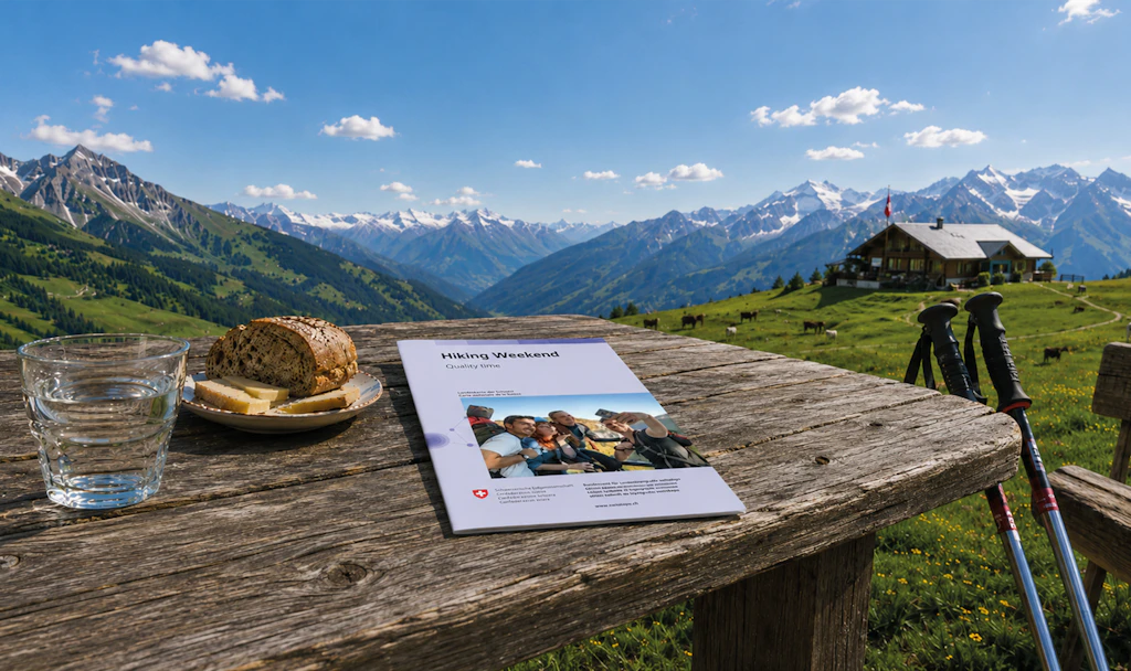 mySwissMap auf einem Tisch in den Bergen mit schöner Aussicht