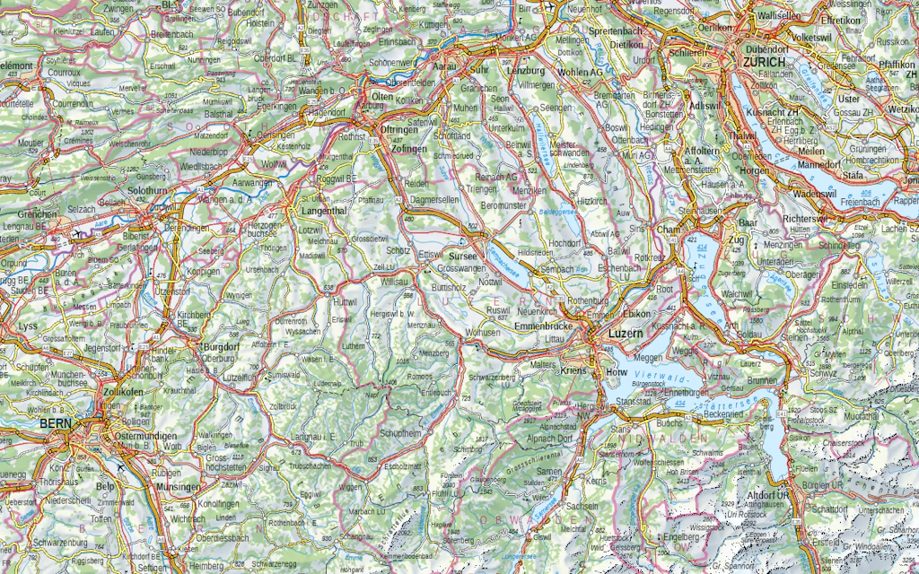 Das Bild zeigt einen Ausschnitt der Swiss Map Vector 500 Karte vom Gebiet Zürich bis Bern mit Delémont und Amsteg.