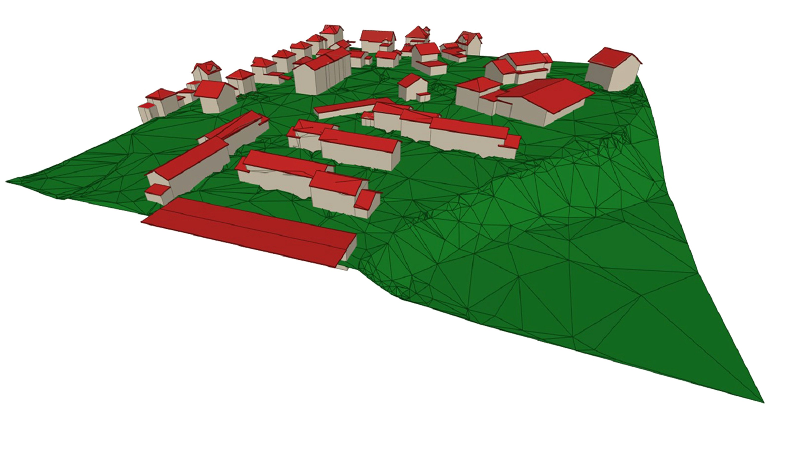 3D-Gebäudedarstellung aus der Vogelperspektive mit einem Terrain Surface in grüner Farbe.