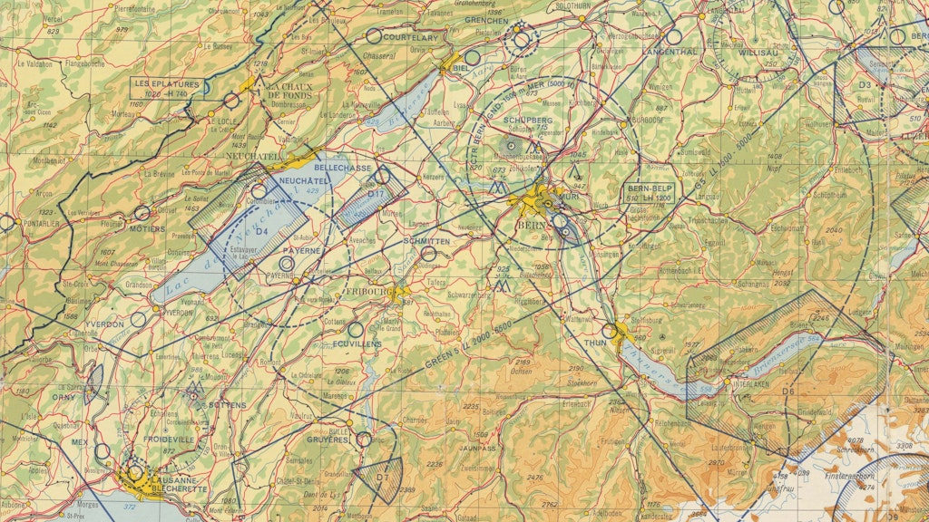 ICAO-Kartenblatt der Schweiz, Ausschnitt Westschweiz und Bern, mit blauem Flugsicherungsaufdruck