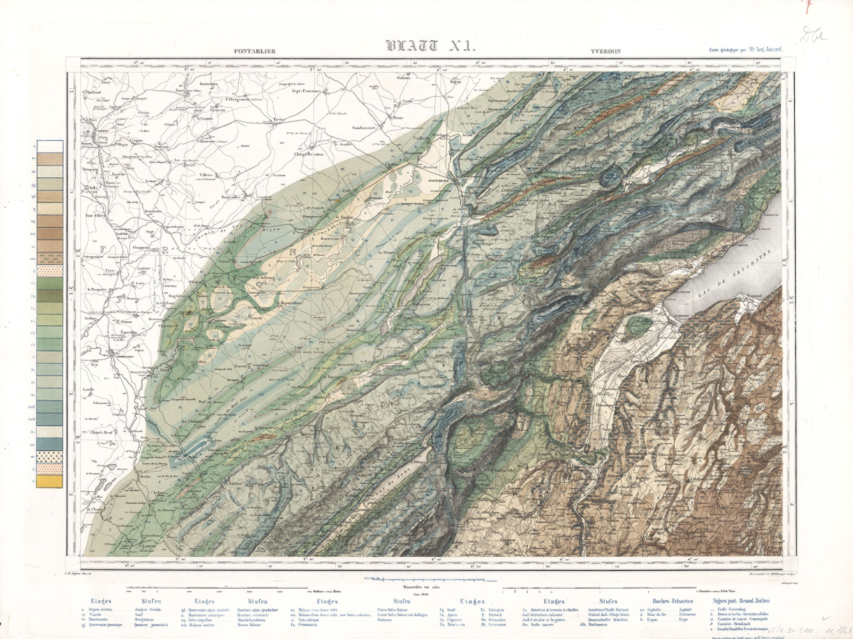 Ausschnitt aus der Geologischen Karte der Schweiz, Blatt 11. Der Ausschnitt zeigt den Raum Yverdon in zahlreichen Farben, die unterschiedliche geologische Gesteinsschichten markieren.