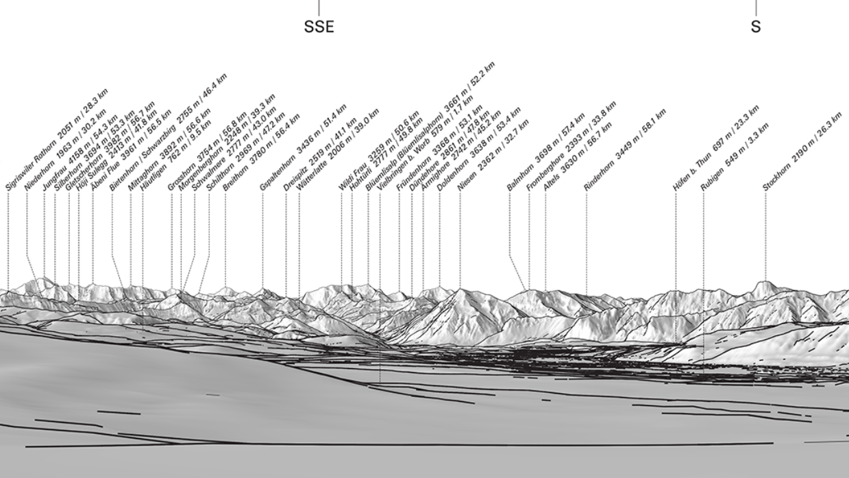 Ausschnitt eines DIGIRAMA Standard mit Blick von Rüfenacht (BE) in Richtung Brienzer Rothorn. Die Graustufenabbildung zeigt die vorhandene Geländesilhouette.