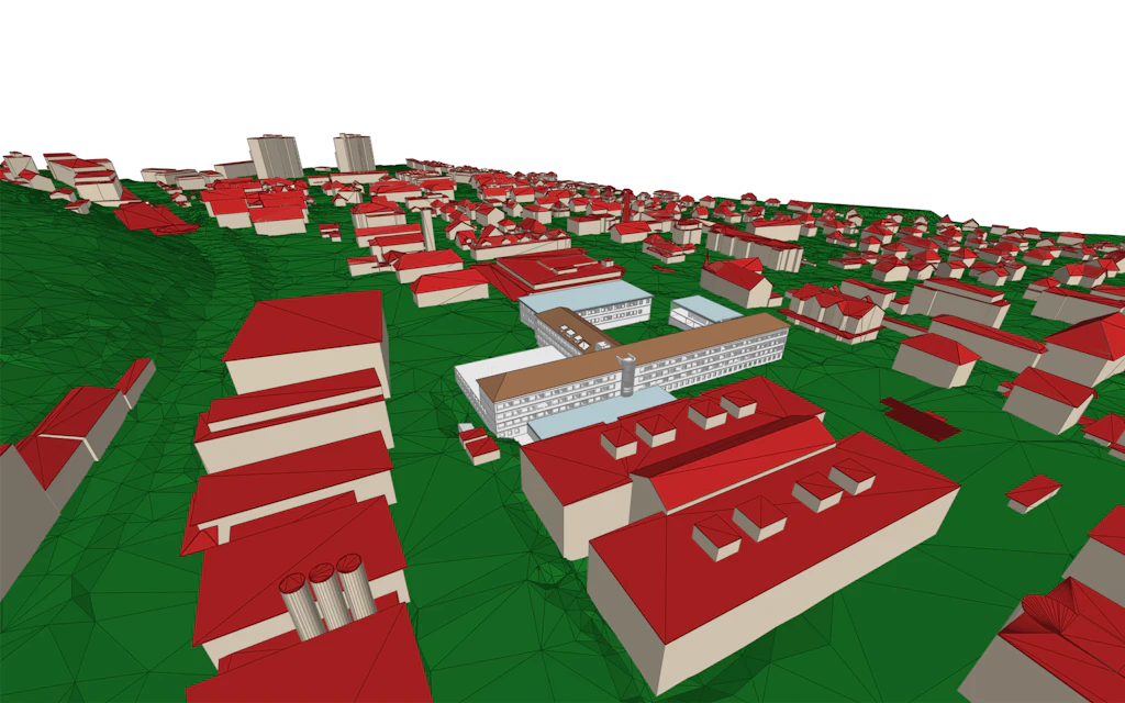 Das Bild zeigt das Gebäude und Terrain als IFC kombiniert mit dem BIM-Modell des Hauptsitzes von swisstopo in Wabern.