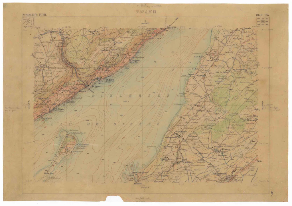 Von Hand gezeichnetes Transparentpapier mit Revisionen der Siegfriedkarte im Raum Bielersee