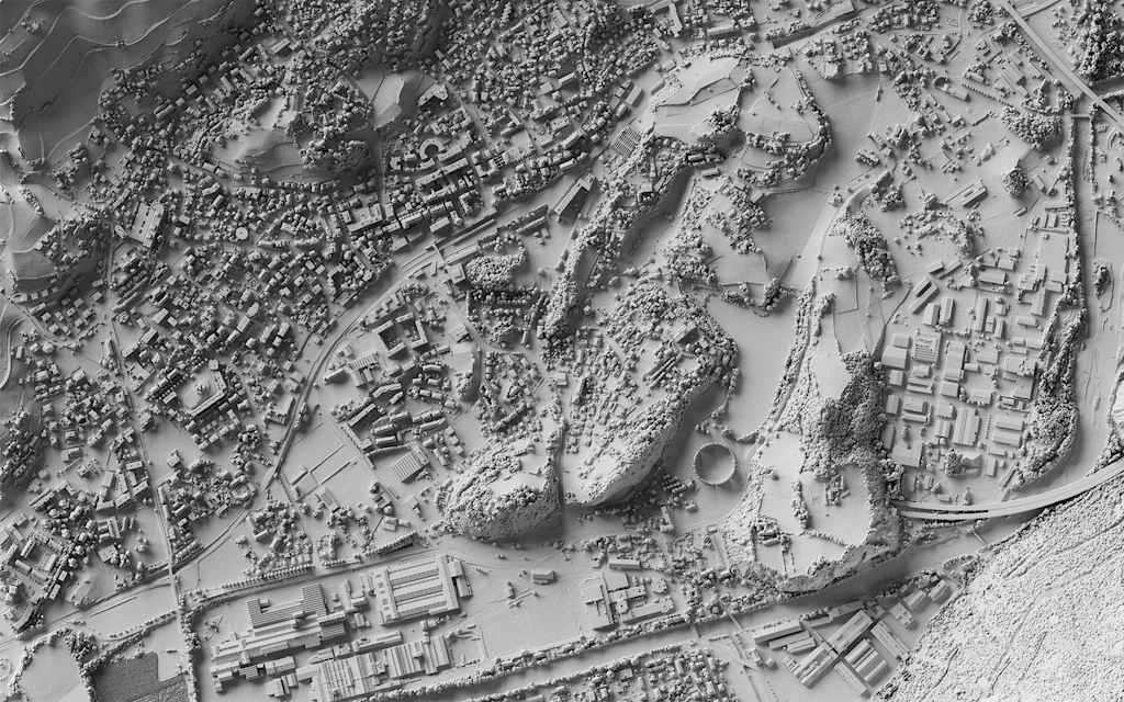 Das Bild zeigt das digitale Oberflächenmodell (DOM) im Gebiet von Siders (VS).
