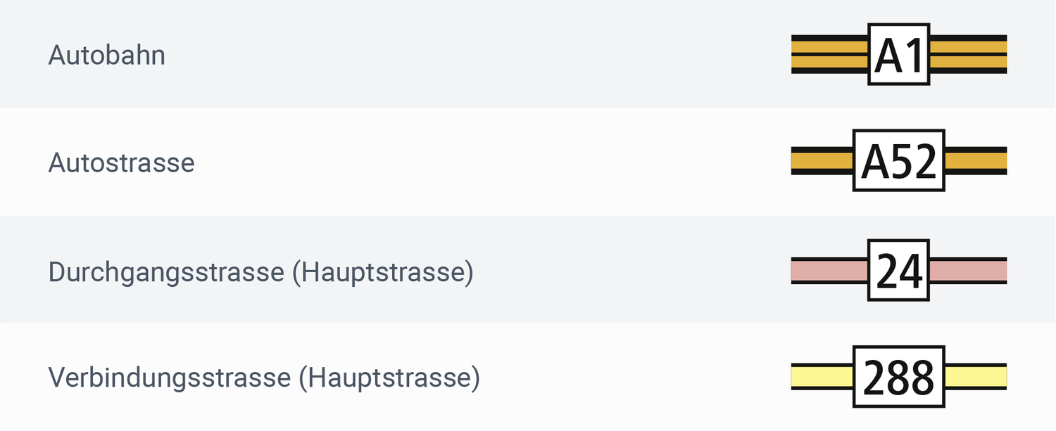 Auszug aus Zeichenerklärung zeigt Unterschied bei der Darstellung von Autobahn und Autostrasse