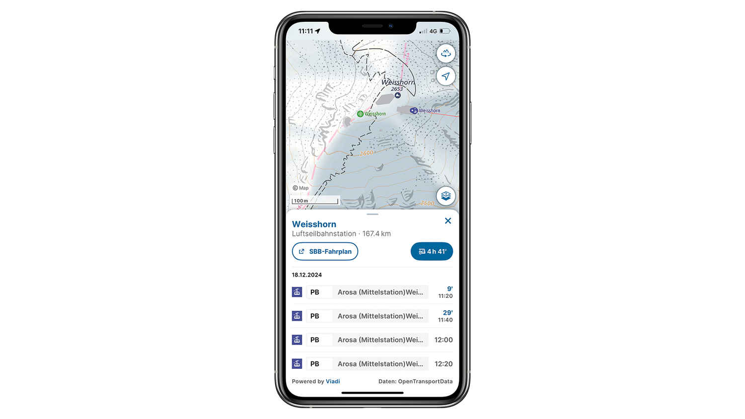 swisstopo-App mit Ausschnitt der Base Map die den Fahrplan ab dem Weisshorn zeigt.