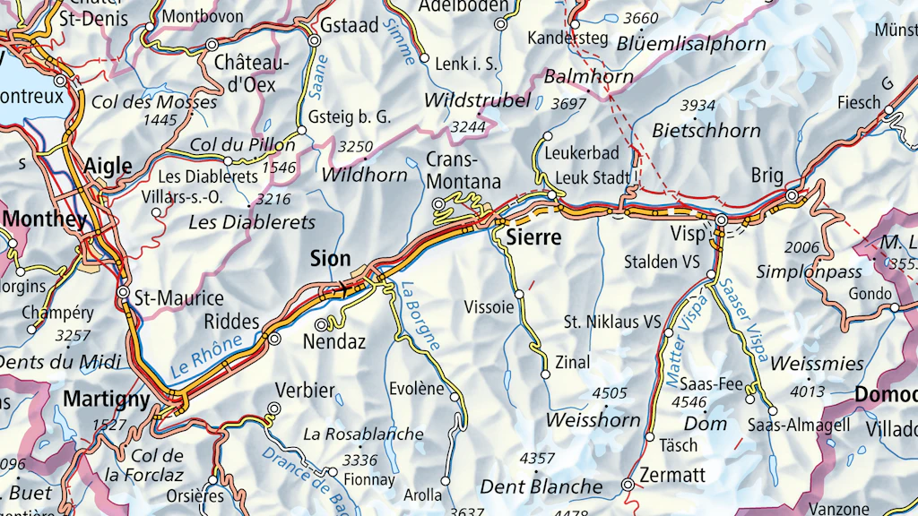 Das Bild zeigt einen Ausschnitt der Swiss Map Raster 1000 vom Gebiet des Rhonetal (VS) von Martigny bis Fiesch.
