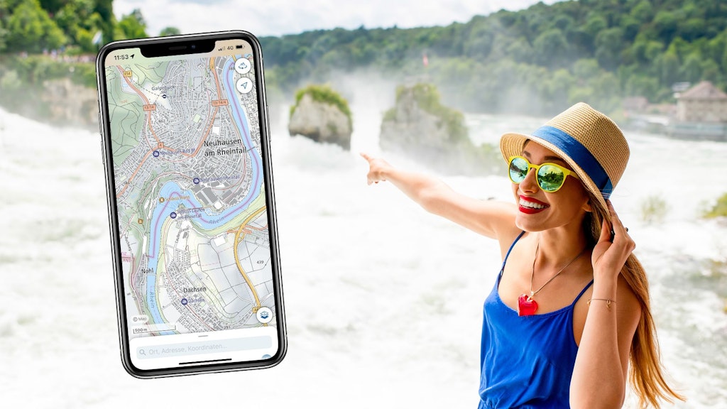 Screen Base Map in grenznaher Region mit Frau vor Wasserfall im Hintergrund